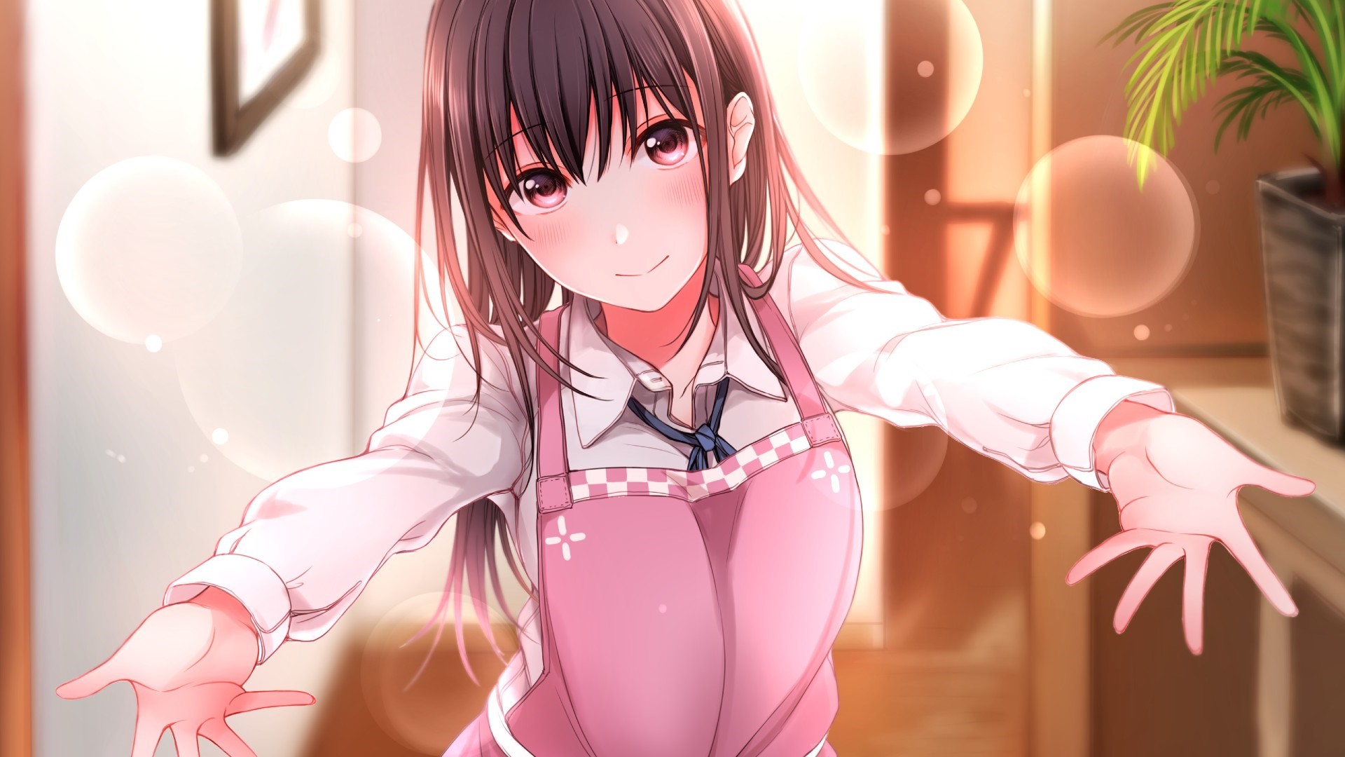 Anime girl in apron with arms outstretched HD Wallpaper