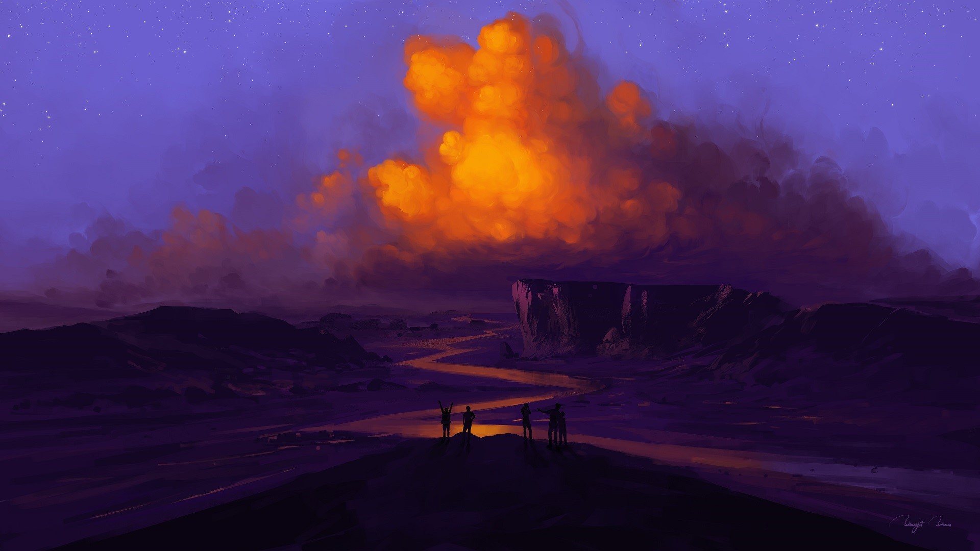 Digital art of a river flowing through a canyon under a sunset sky HD Wallpaper
