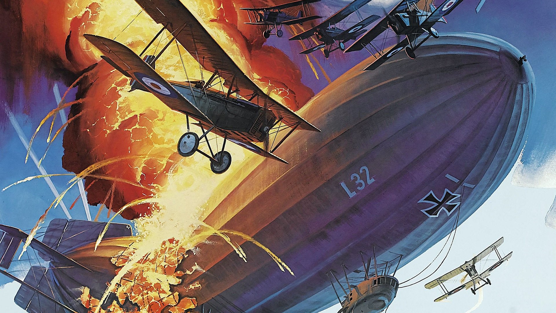 World War I Zeppelin attacked by biplanes during battle HD Wallpaper