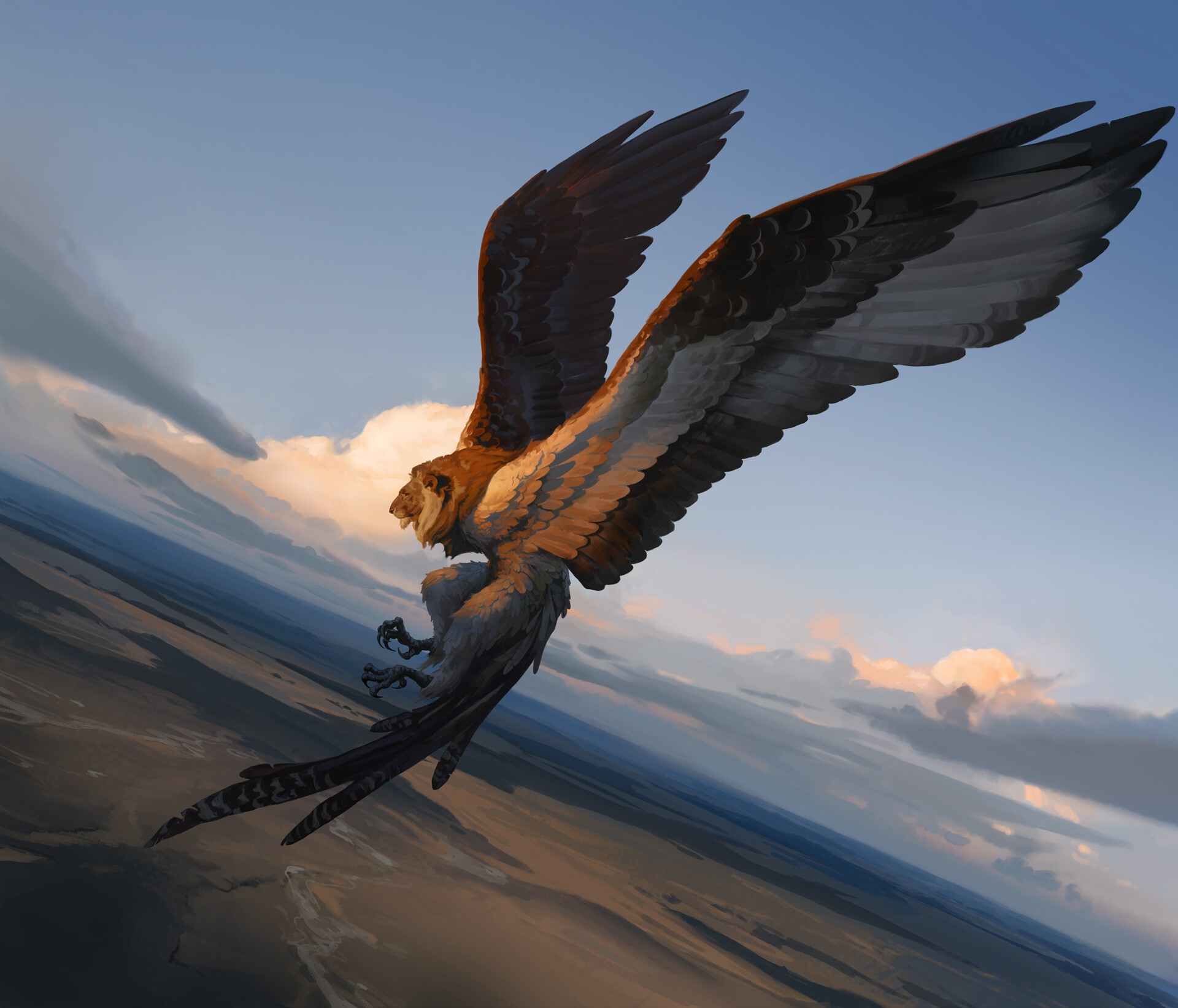 A griffin with wings spread soars over a landscape HD Wallpaper