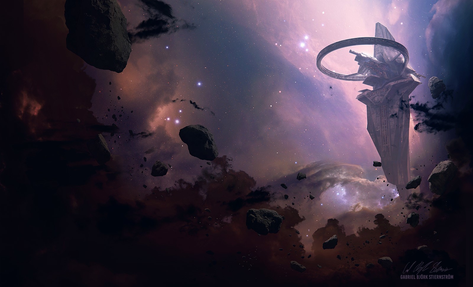 Space Station in Nebula with Asteroids by Gabriel Björk Sternström HD Wallpaper