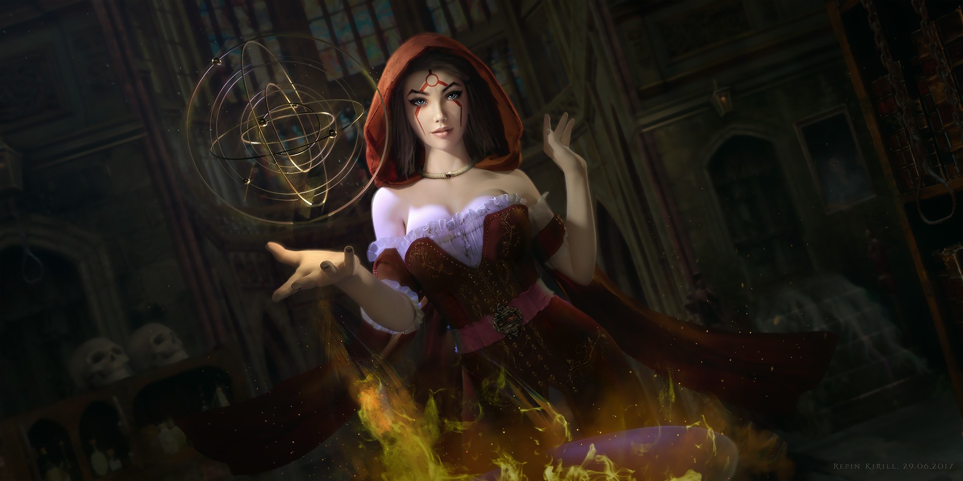 Witch casting a spell with a celestial orb HD Wallpaper