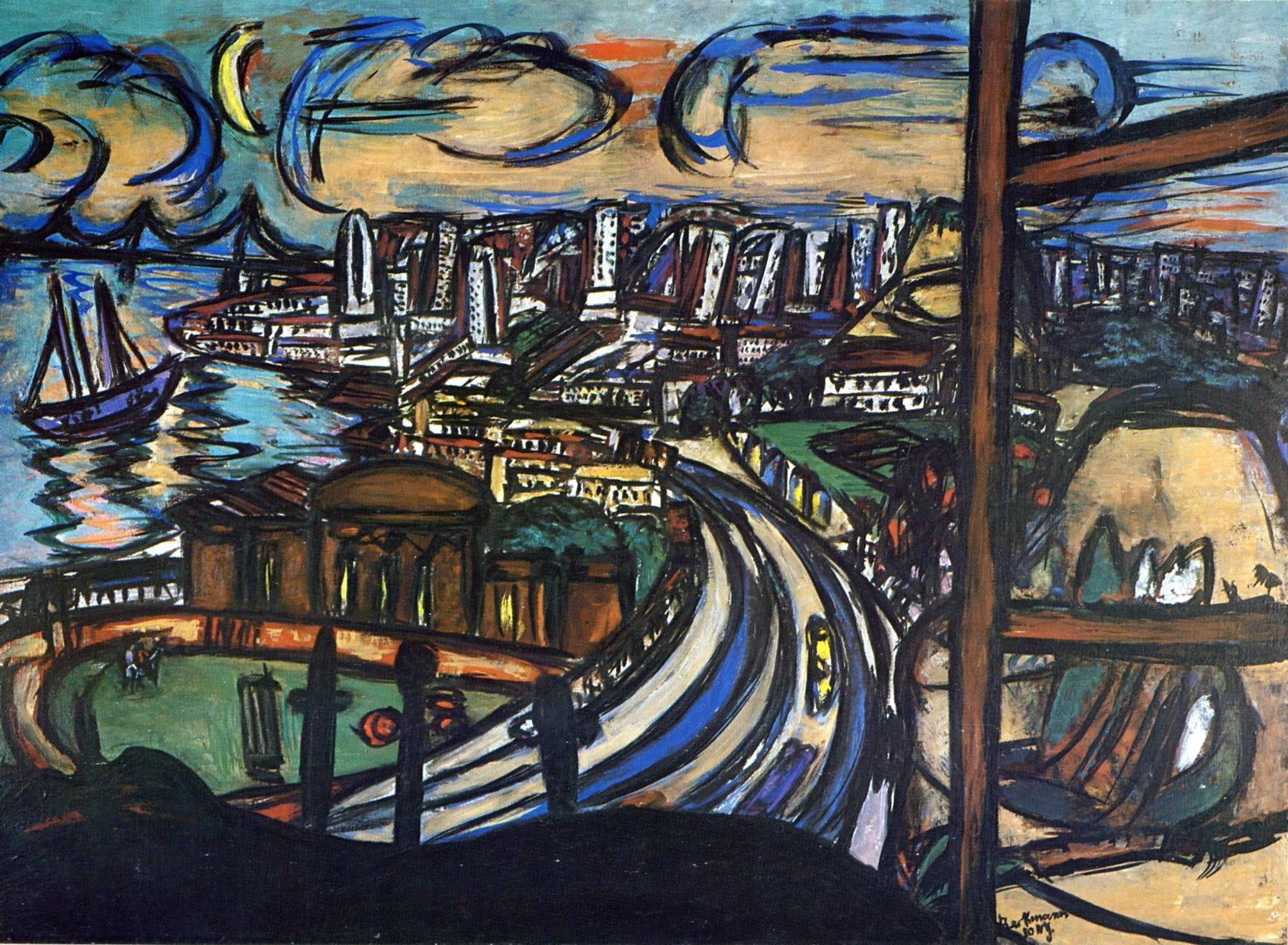 Cityscape with Harbor and Sailboat by Max Beckmann HD Wallpaper