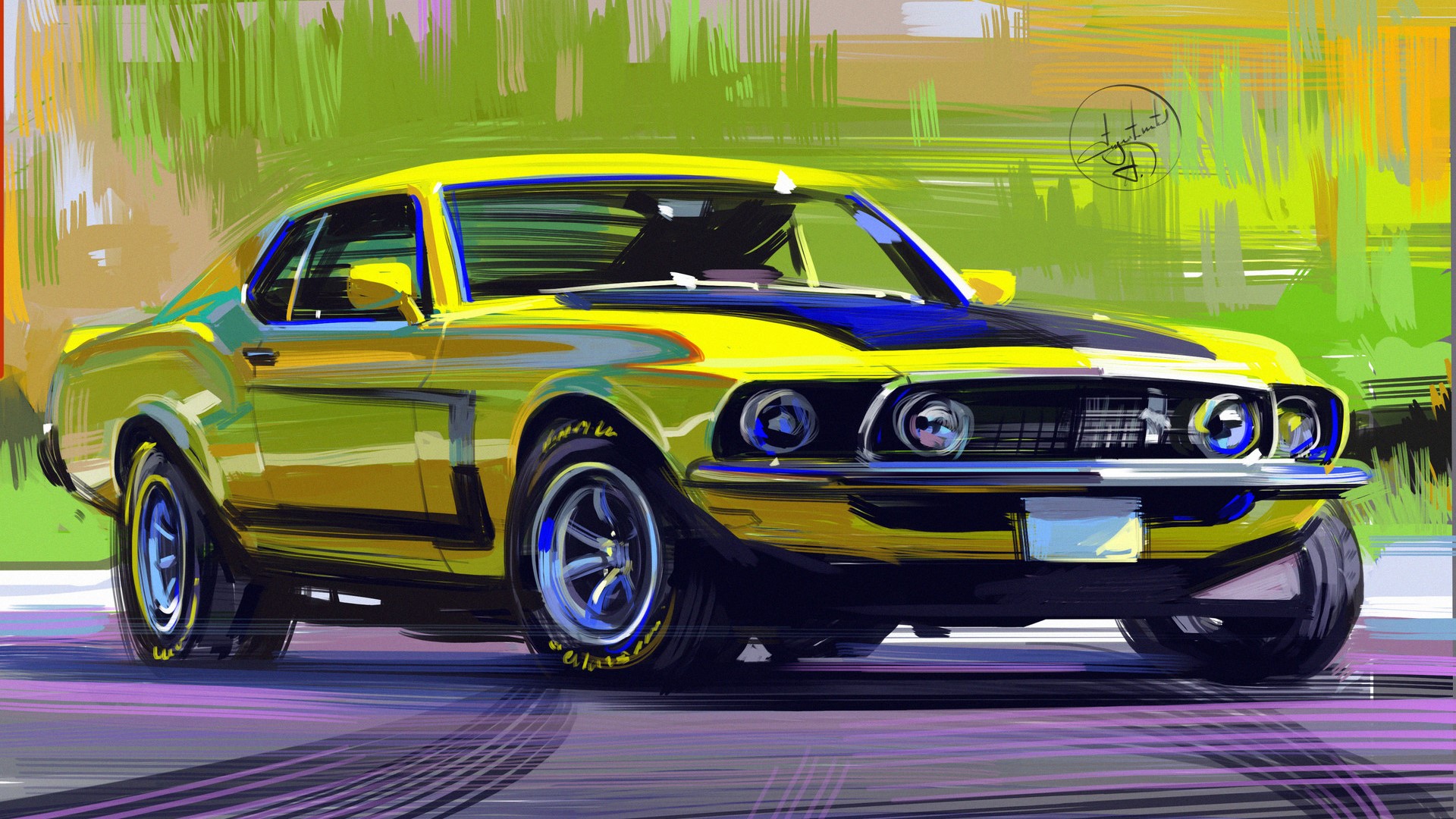 Yellow Ford Mustang Boss 302 digital art by Aleksandr Sidelnikov HD Wallpaper