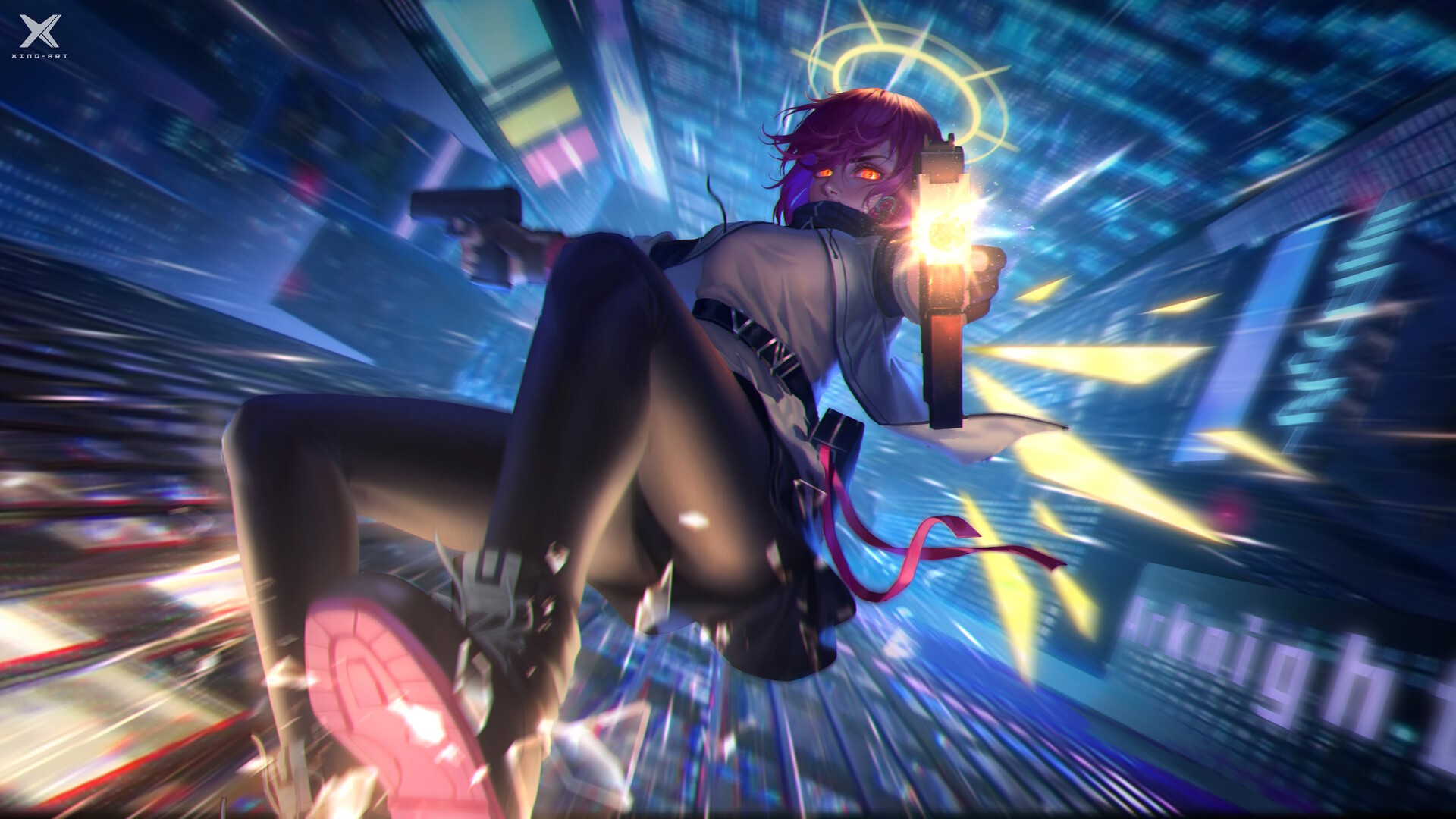 Exusiai from Arknights firing guns HD Wallpaper