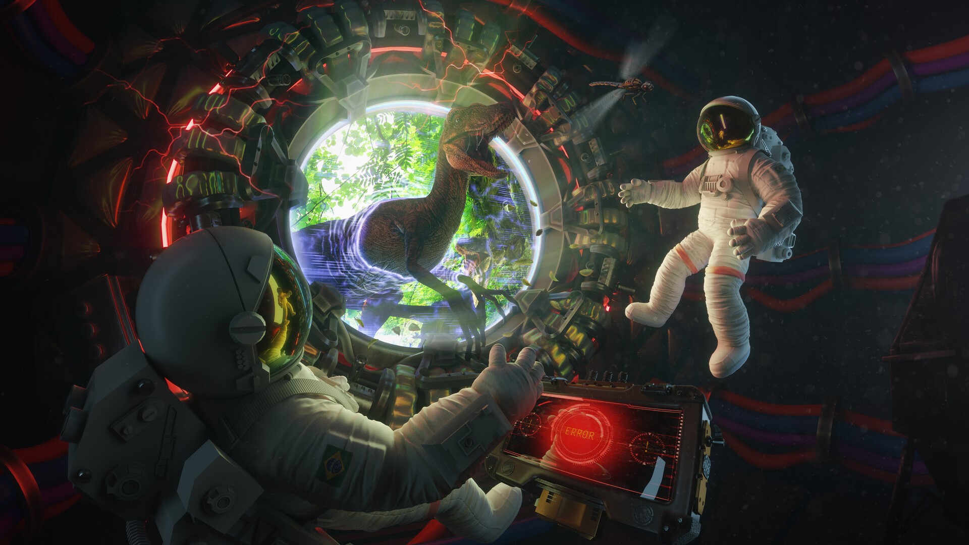 Astronauts encounter a dinosaur through a portal HD Wallpaper