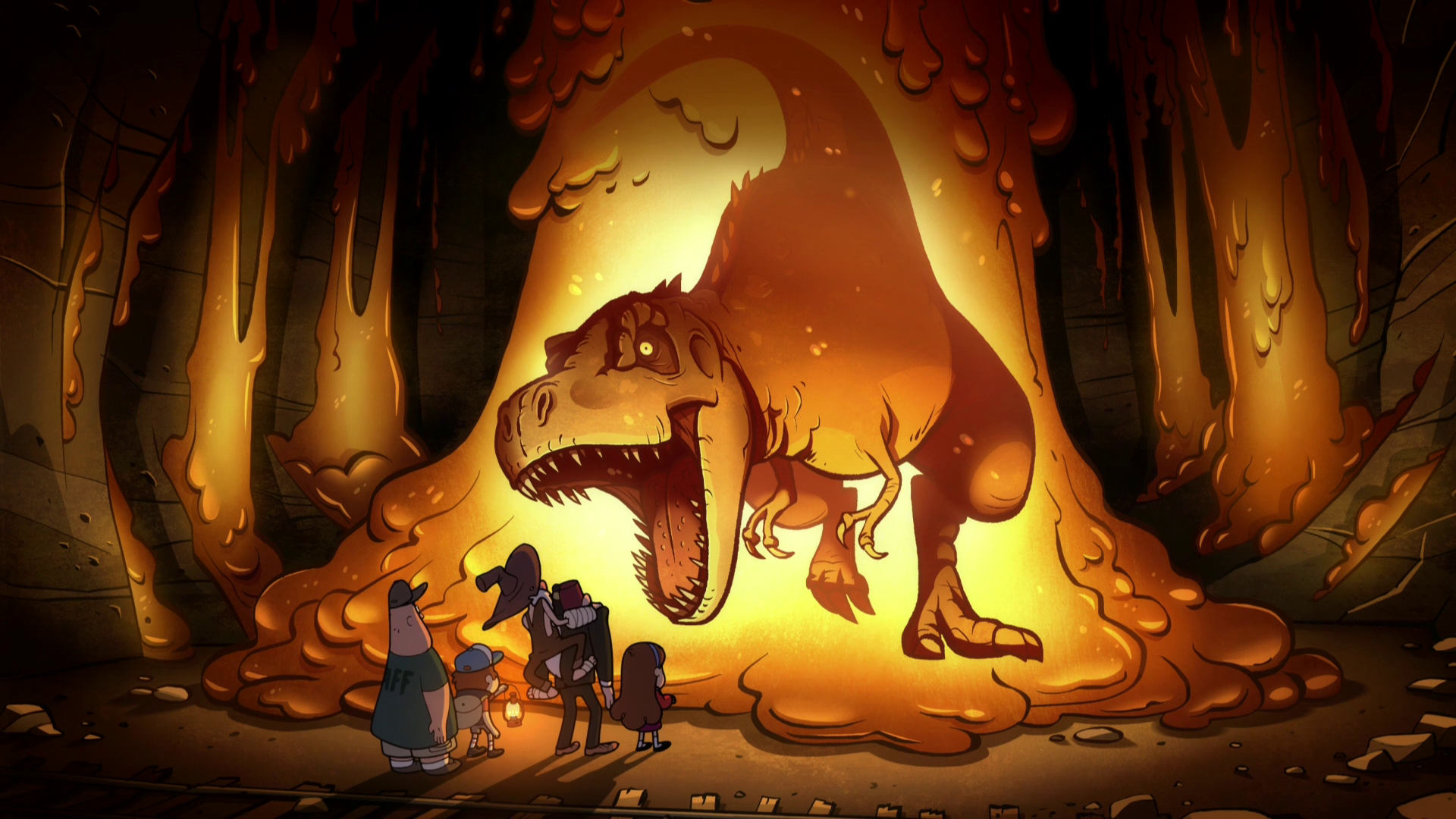 Dinosaur trapped in amber with people in a cave HD Wallpaper