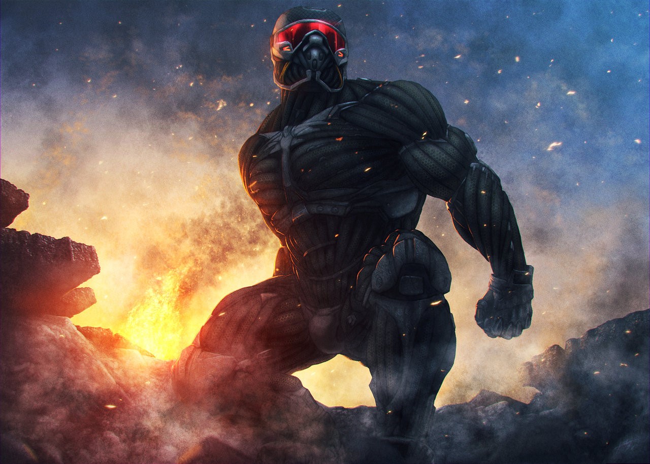 Crysis 2 Nanosuit soldier in a fiery landscape HD Wallpaper