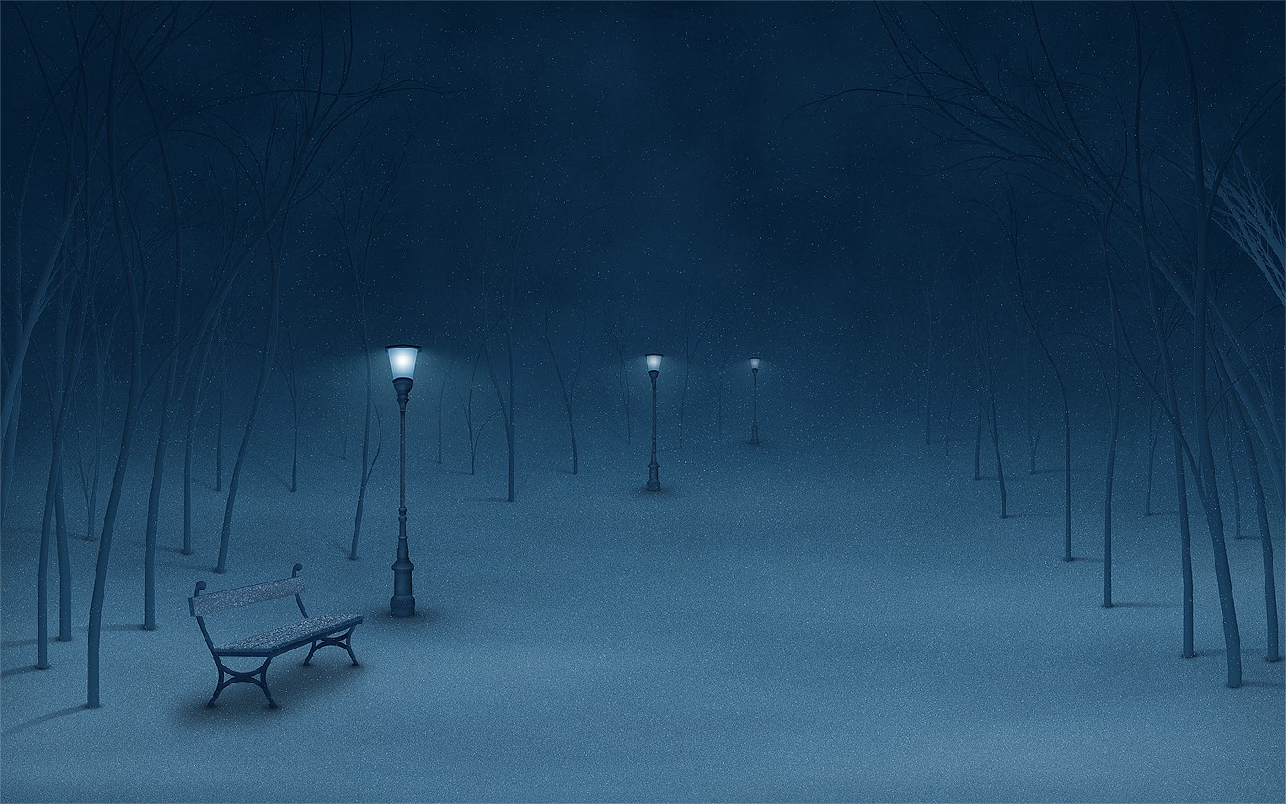 Snowy park with streetlights and a bench HD Wallpaper