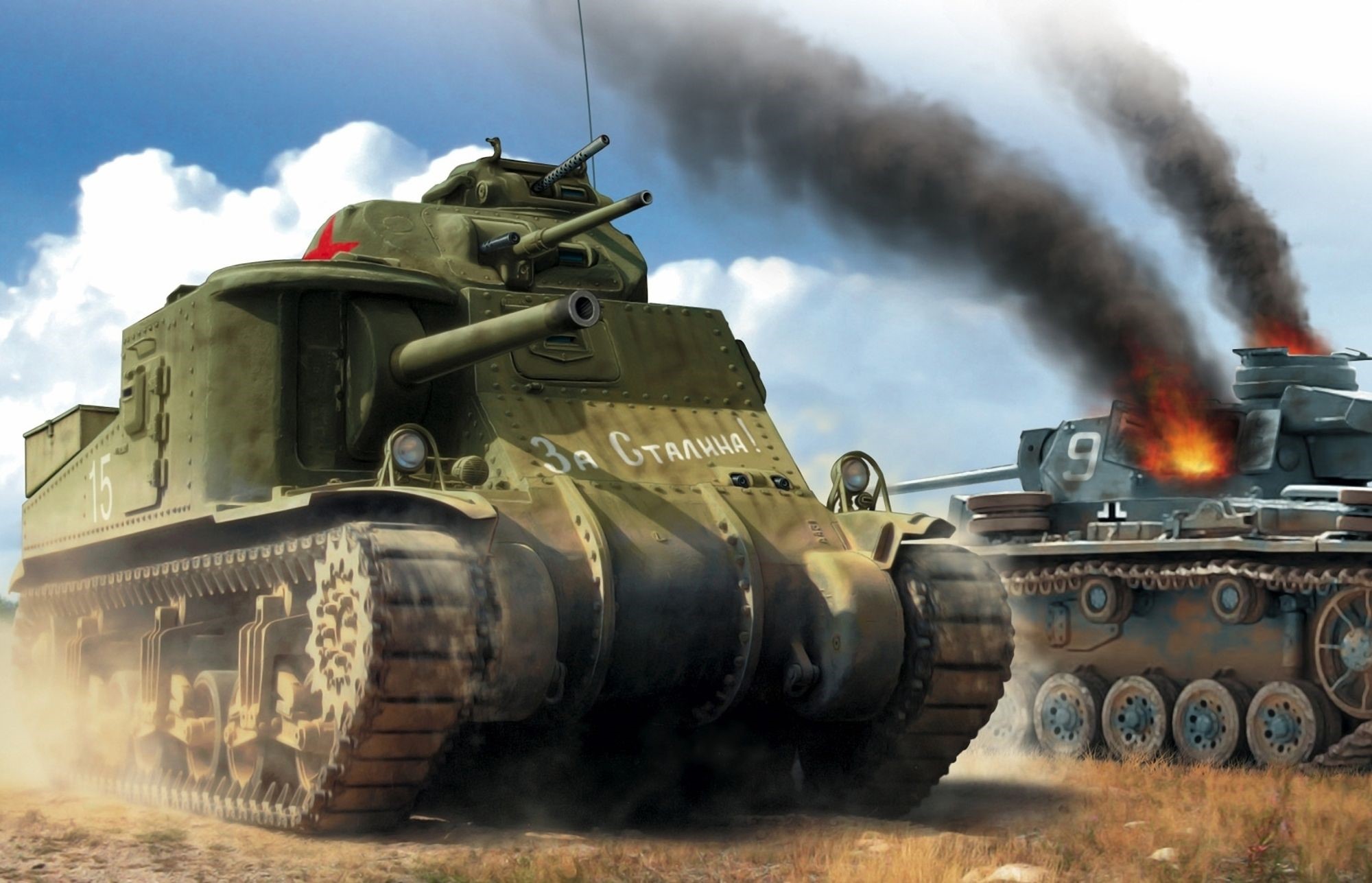 M3 Lee tank in battle with burning German tank HD Wallpaper