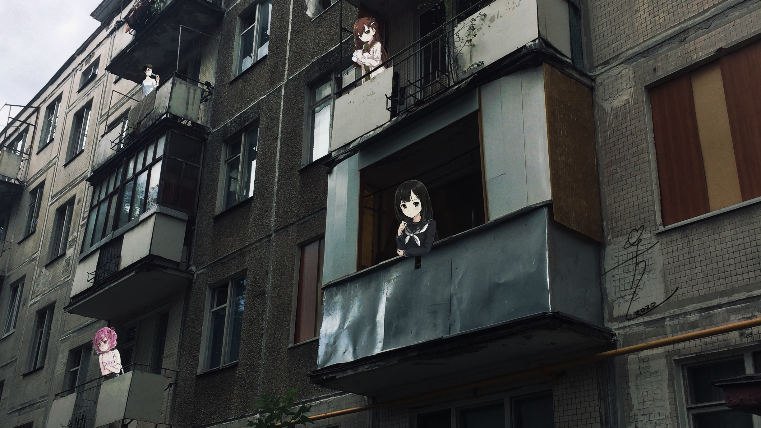 Anime girls on balconies of apartment building in Russia HD Wallpaper
