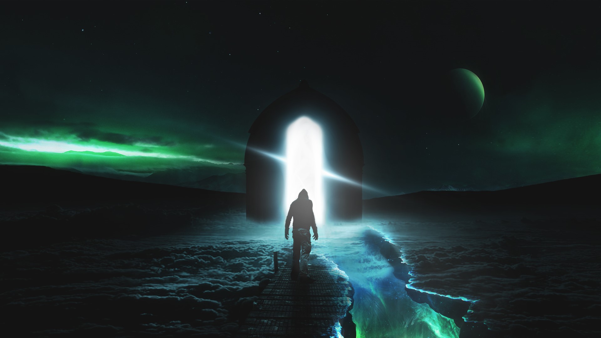 Astronaut walking through a glowing portal in space HD Wallpaper