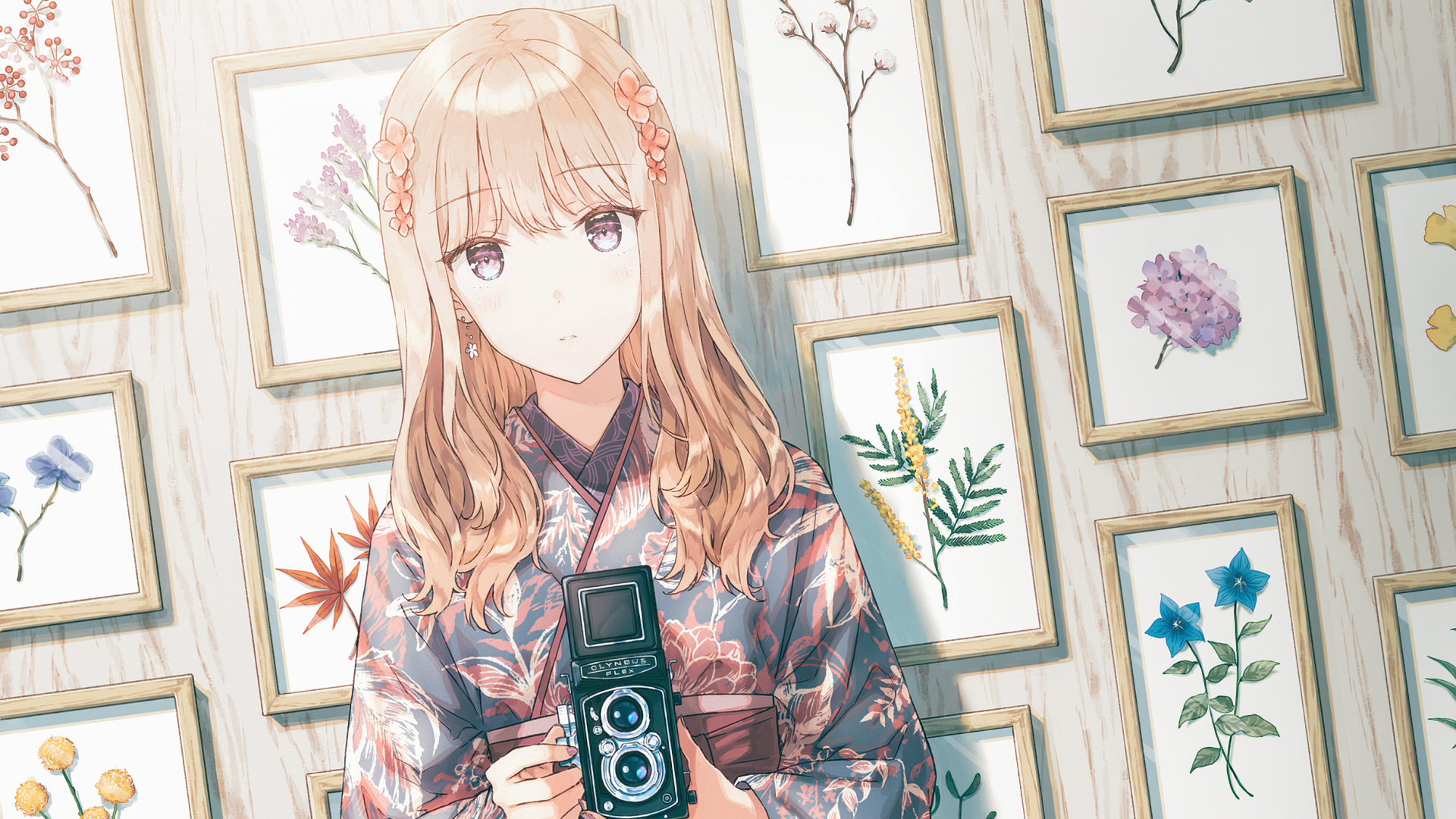 Anime girl in kimono holding a camera HD Wallpaper