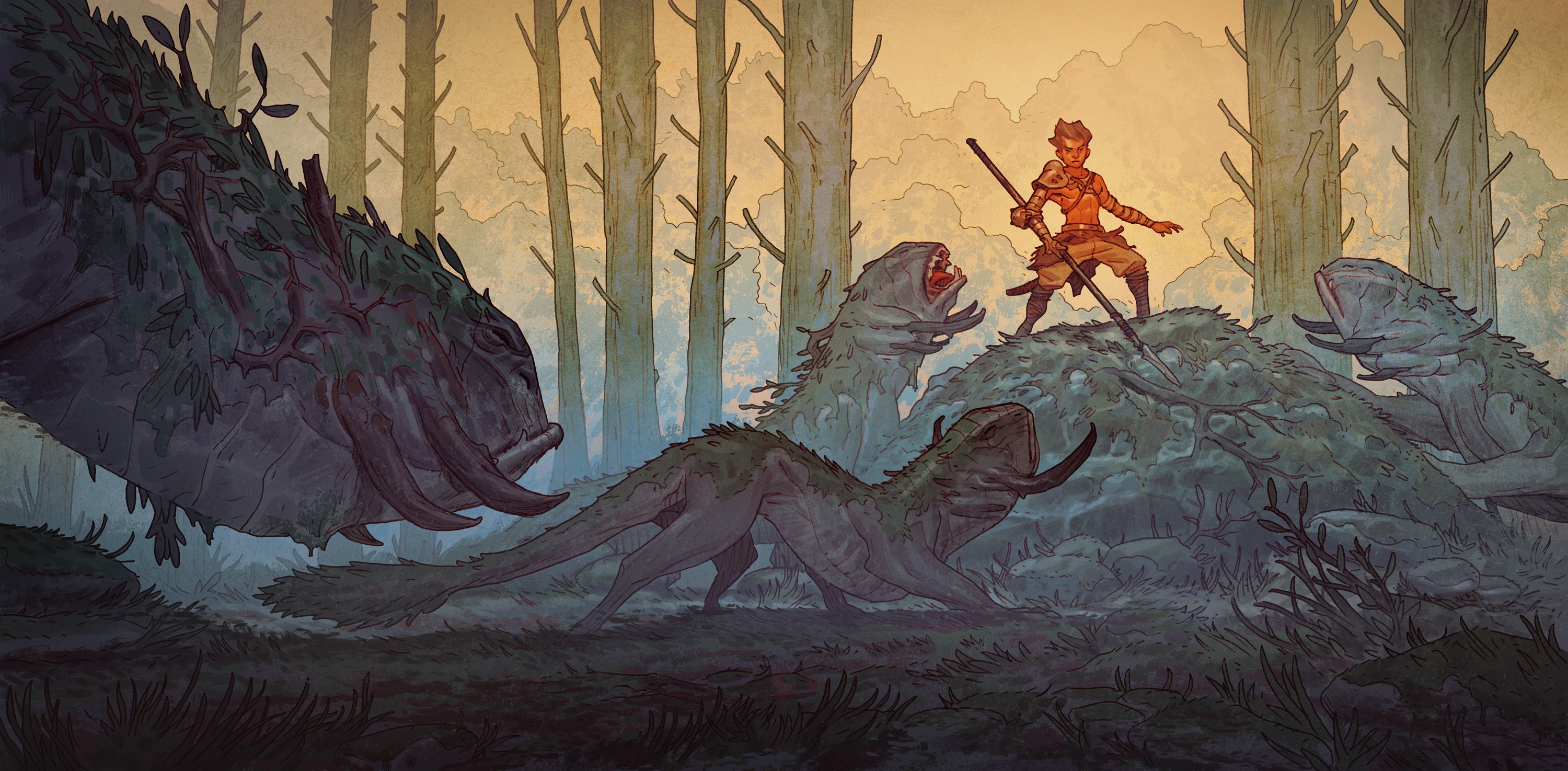 Fantasy art of a warrior fighting plant creatures in a forest HD Wallpaper
