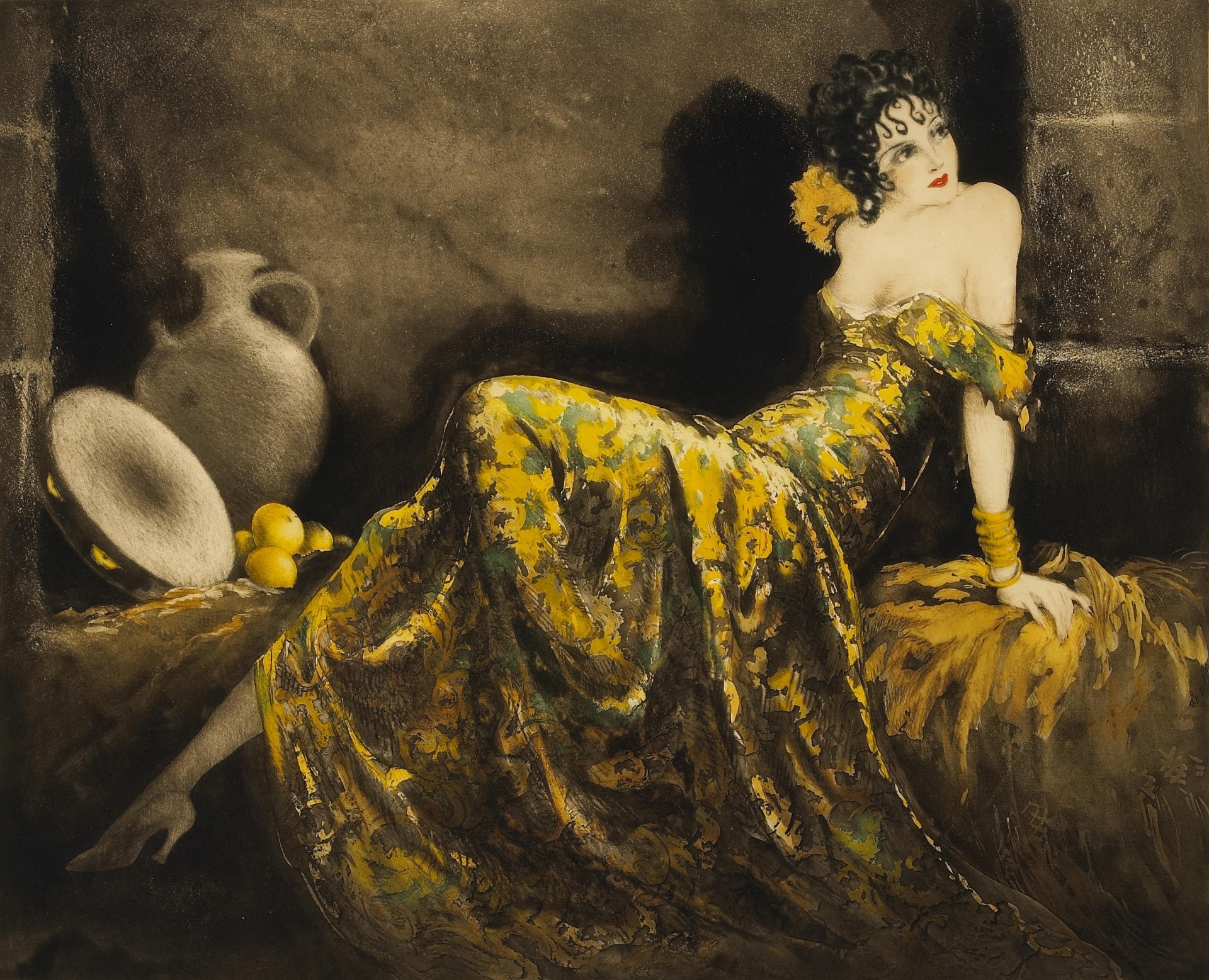 Woman in a yellow dress by Louis Icart HD Wallpaper