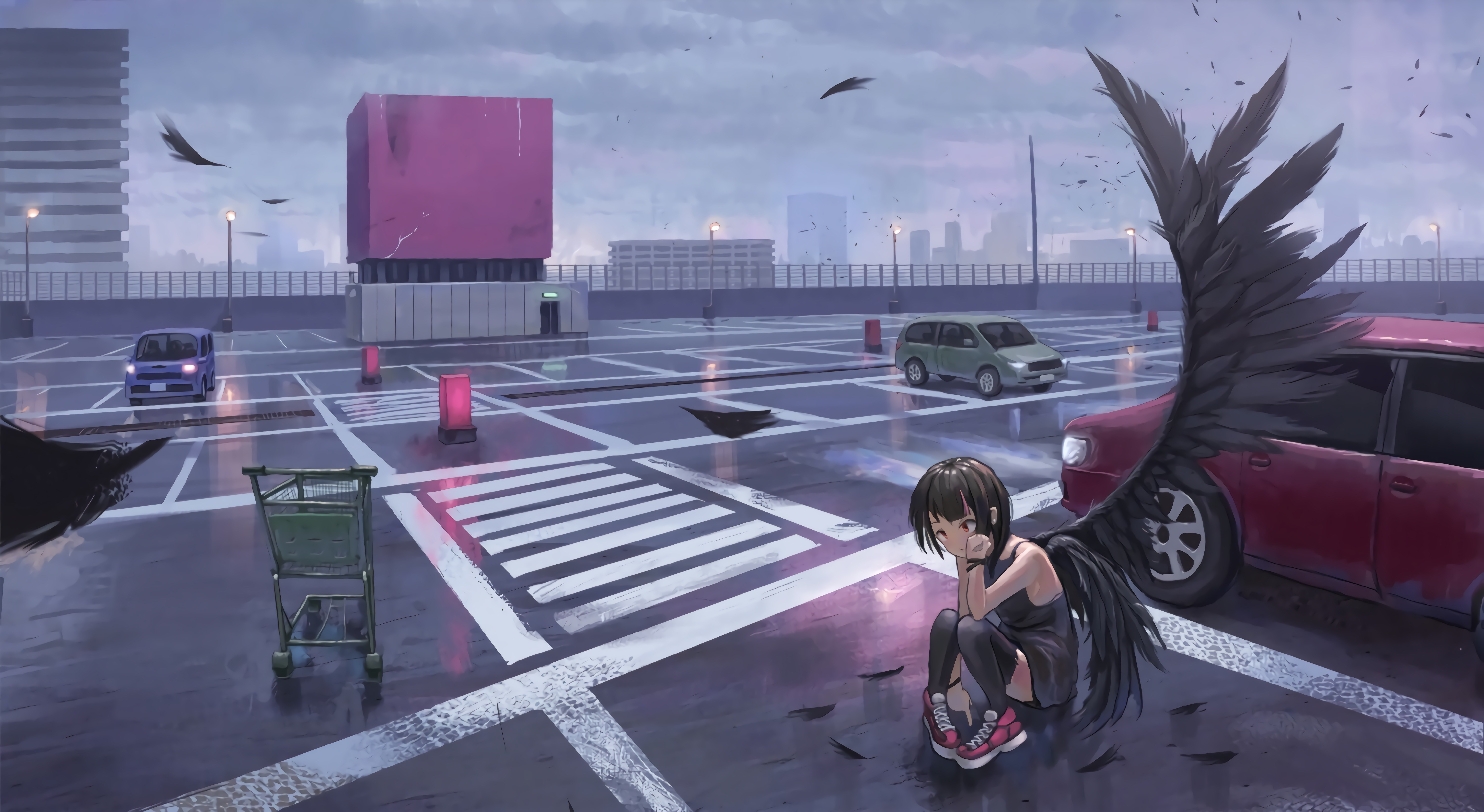Anime girl with black wings in a rainy parking lot HD Wallpaper