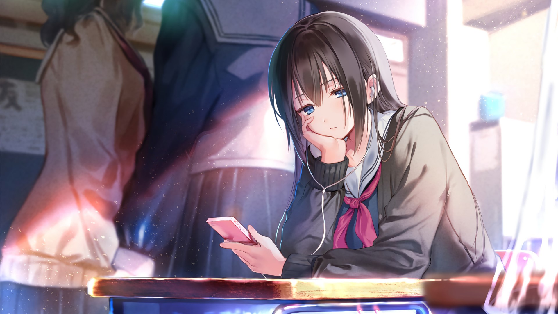 Anime girl with earphones and smartphone in classroom HD Wallpaper