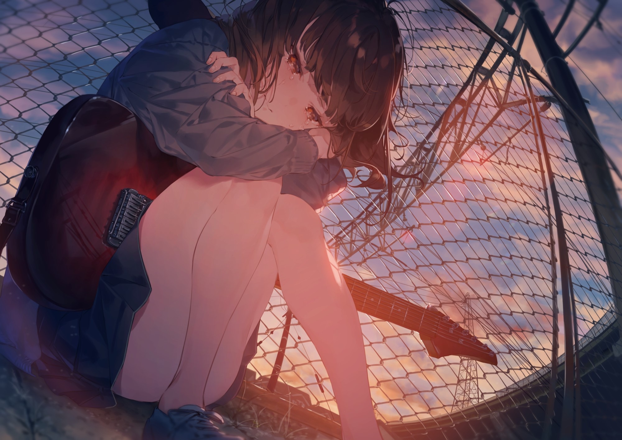 Anime girl with guitar crying by fence at sunset HD Wallpaper