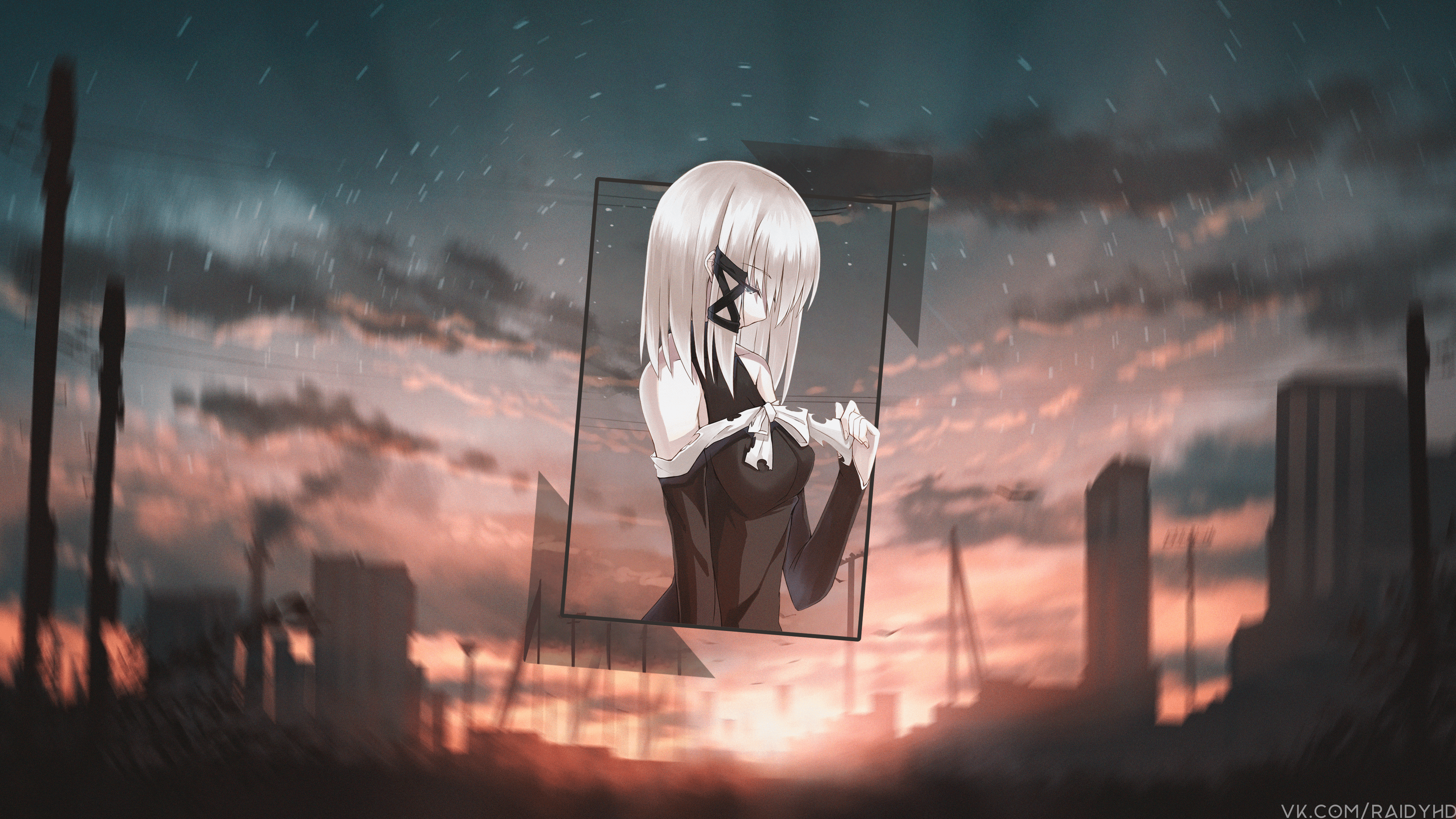 Anime girl in picture-in-picture with sunset city background HD Wallpaper