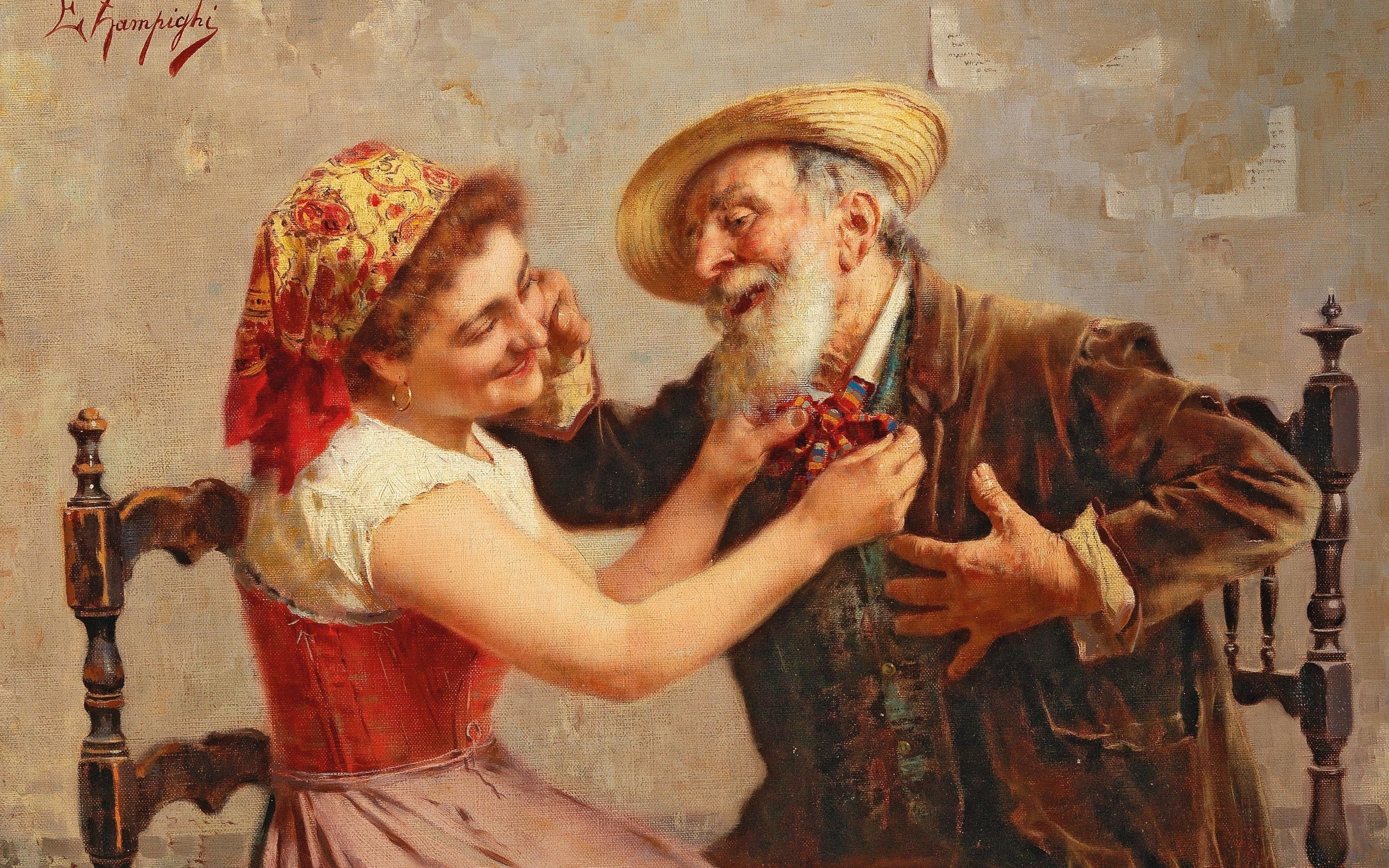 Eugenio Zampighi painting of a woman adjusting a man's tie HD Wallpaper