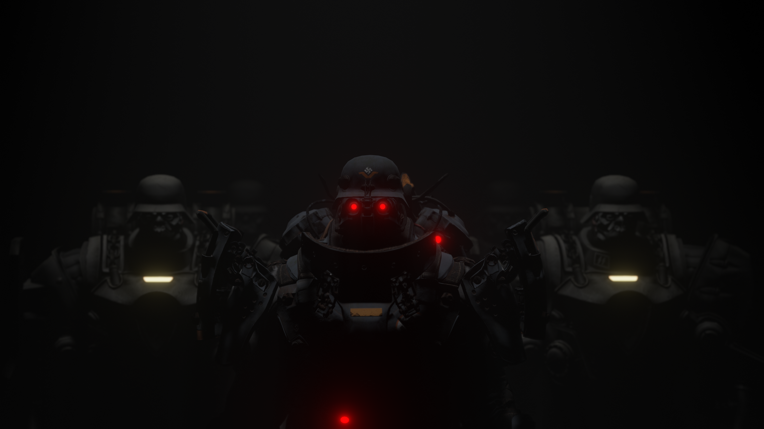 Soldiers with red glowing eyes in dark HD Wallpaper