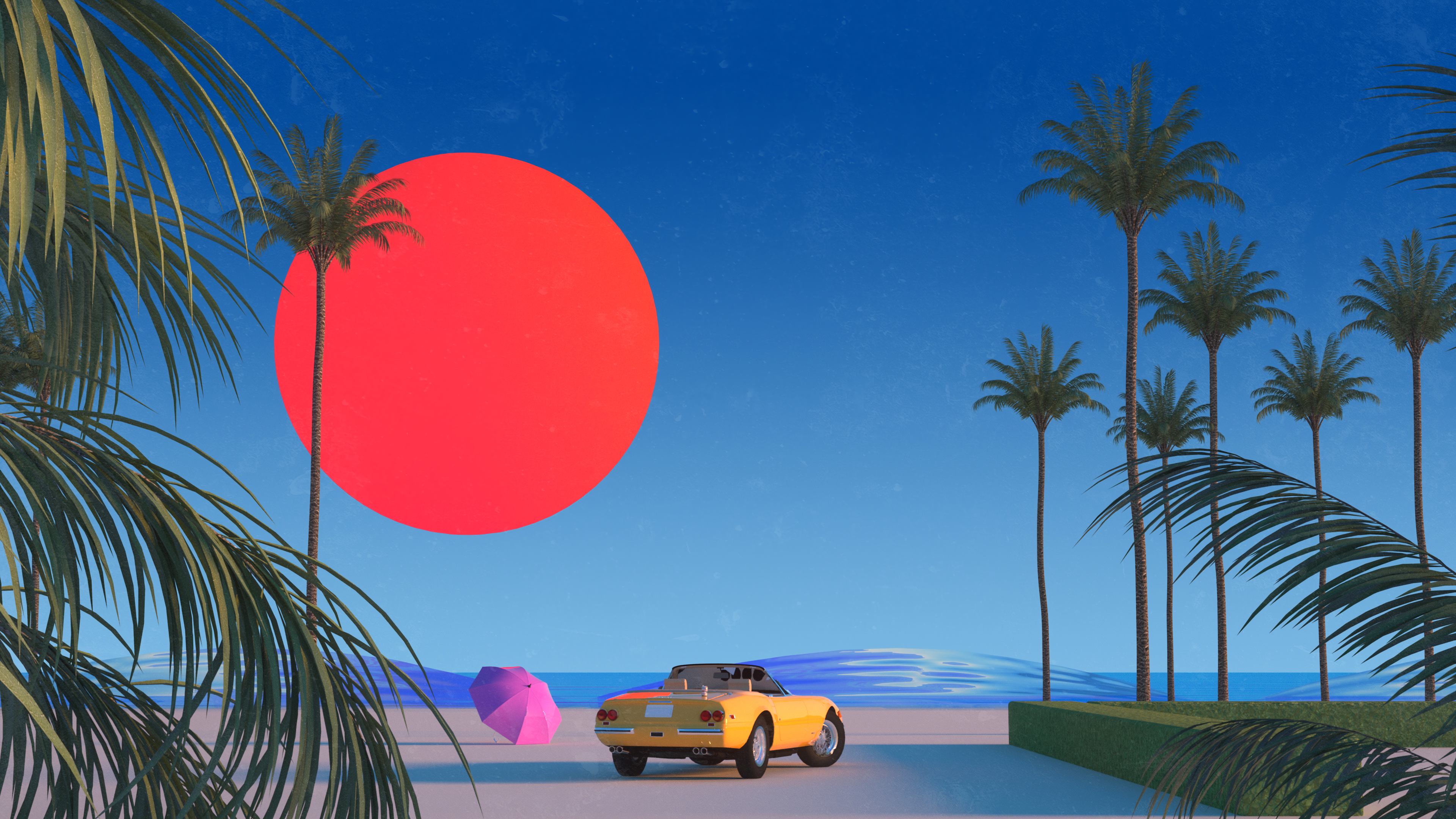 Yellow convertible car on a beach with palm trees and red sun HD Wallpaper