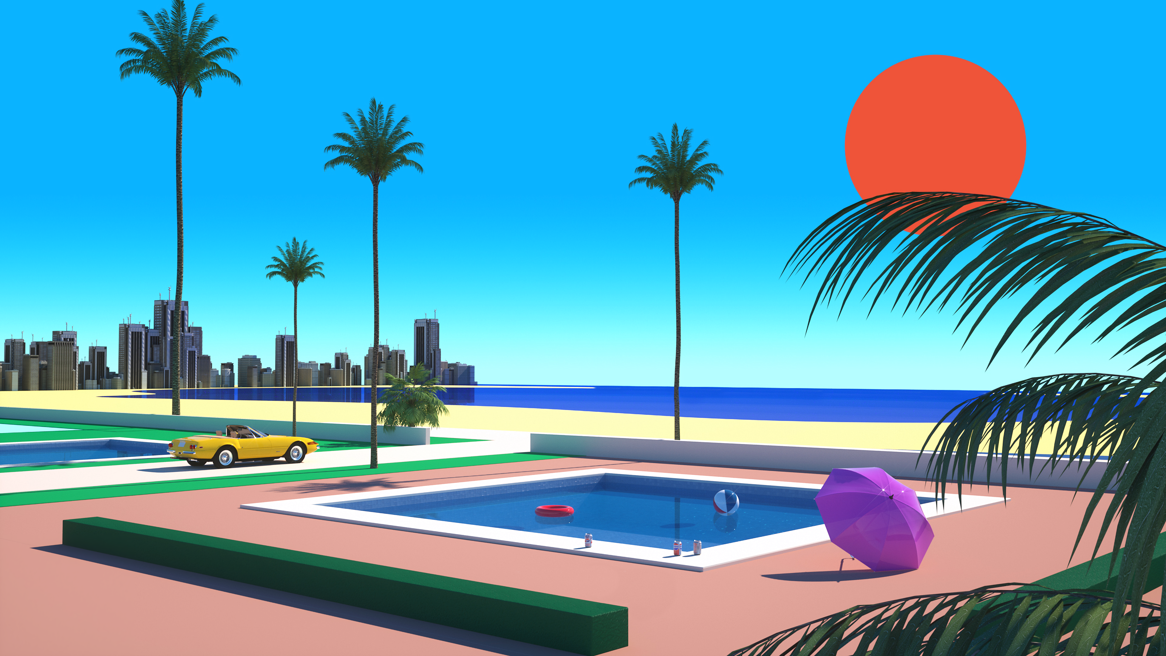 Vaporwave scene with palm trees, car, and swimming pool HD Wallpaper