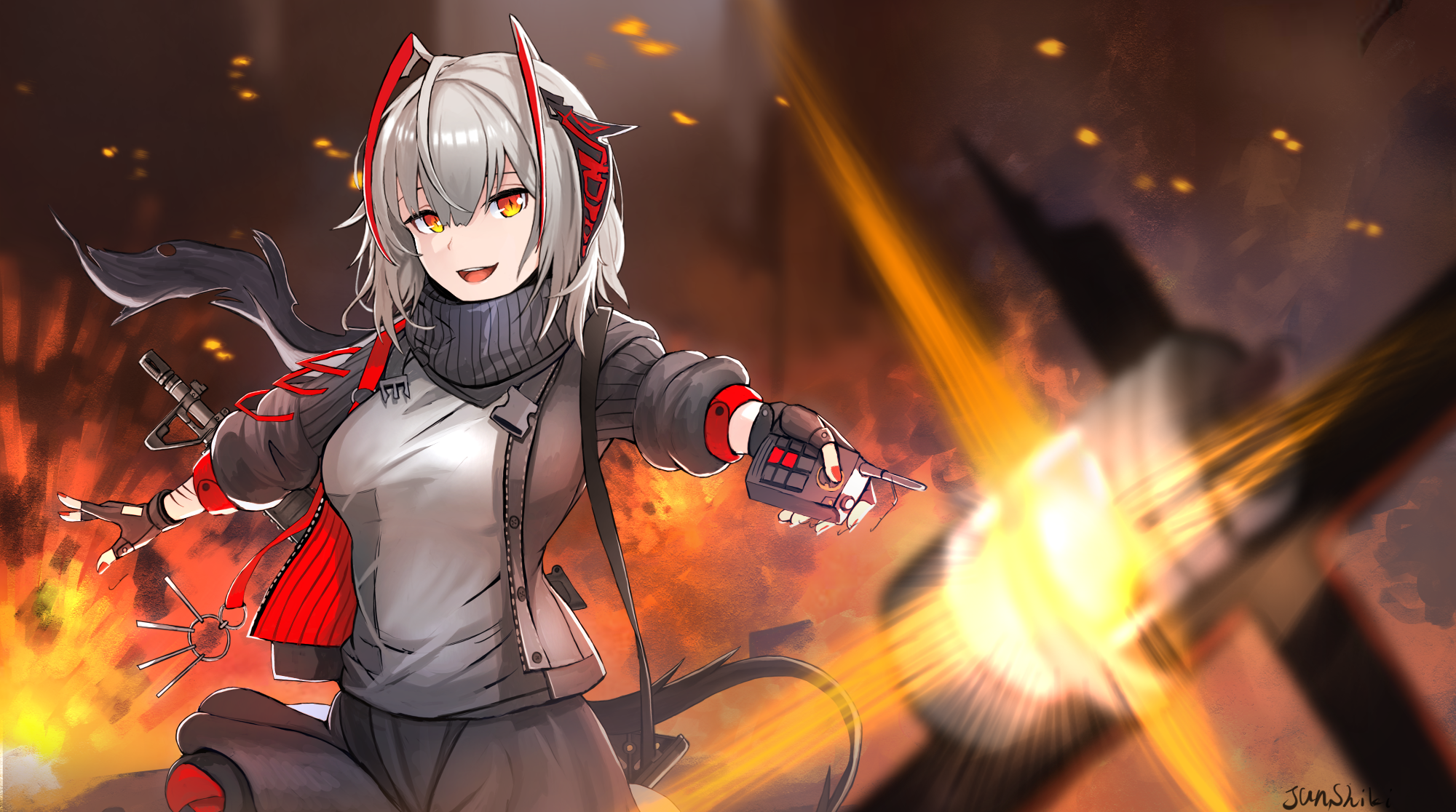 W from Arknights firing a weapon during an explosion HD Wallpaper