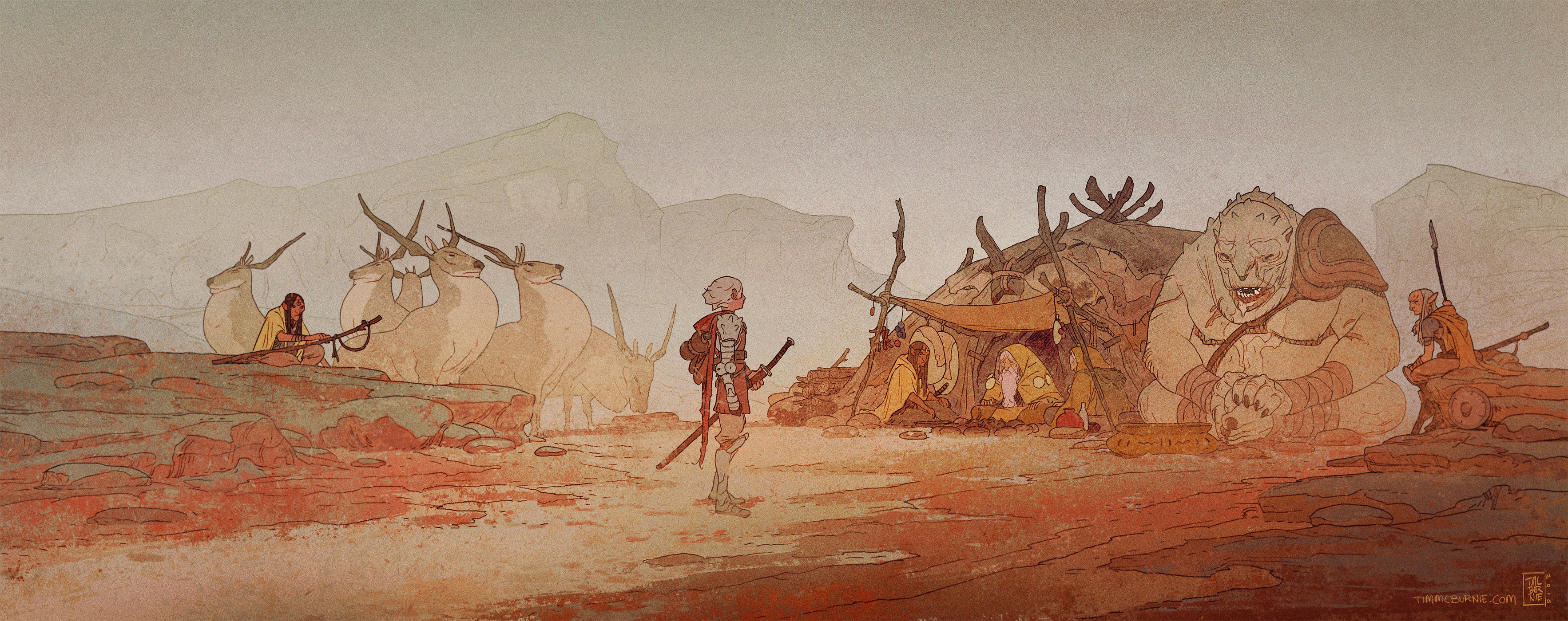 Fantasy art of a desert scene with creatures and people HD Wallpaper