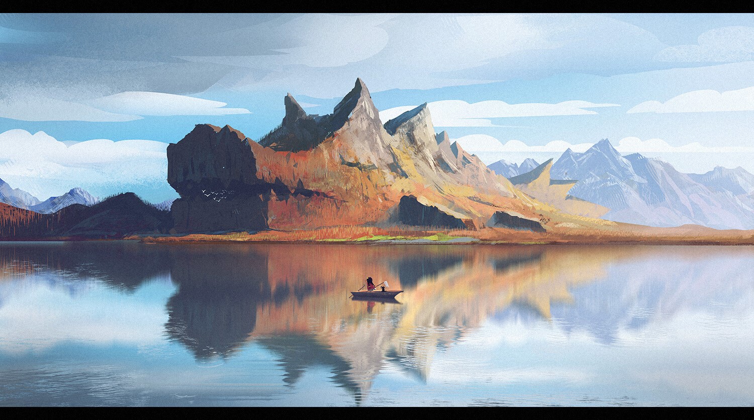 Digital art of mountains and lake with people in a boat HD Wallpaper