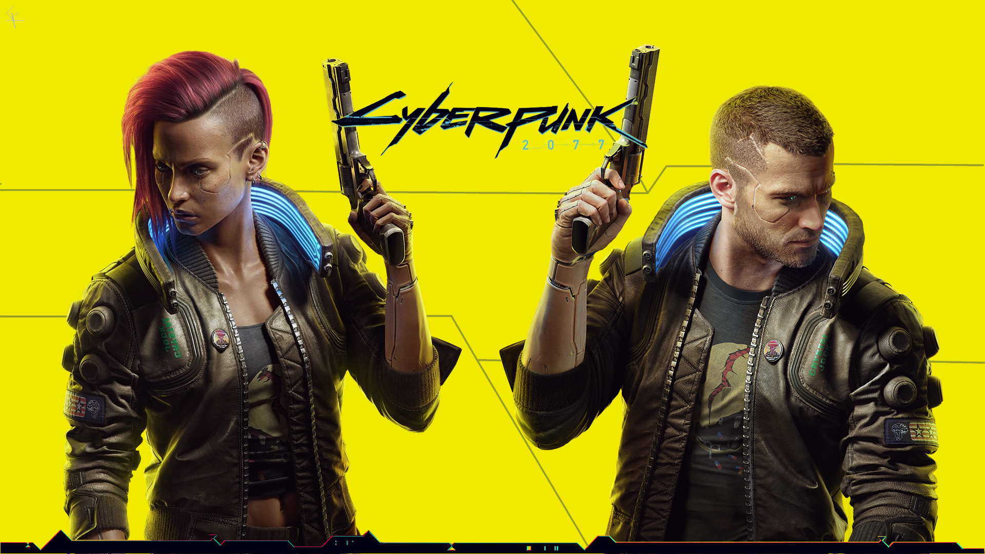 Cyberpunk 2077 characters with guns on yellow background HD Wallpaper
