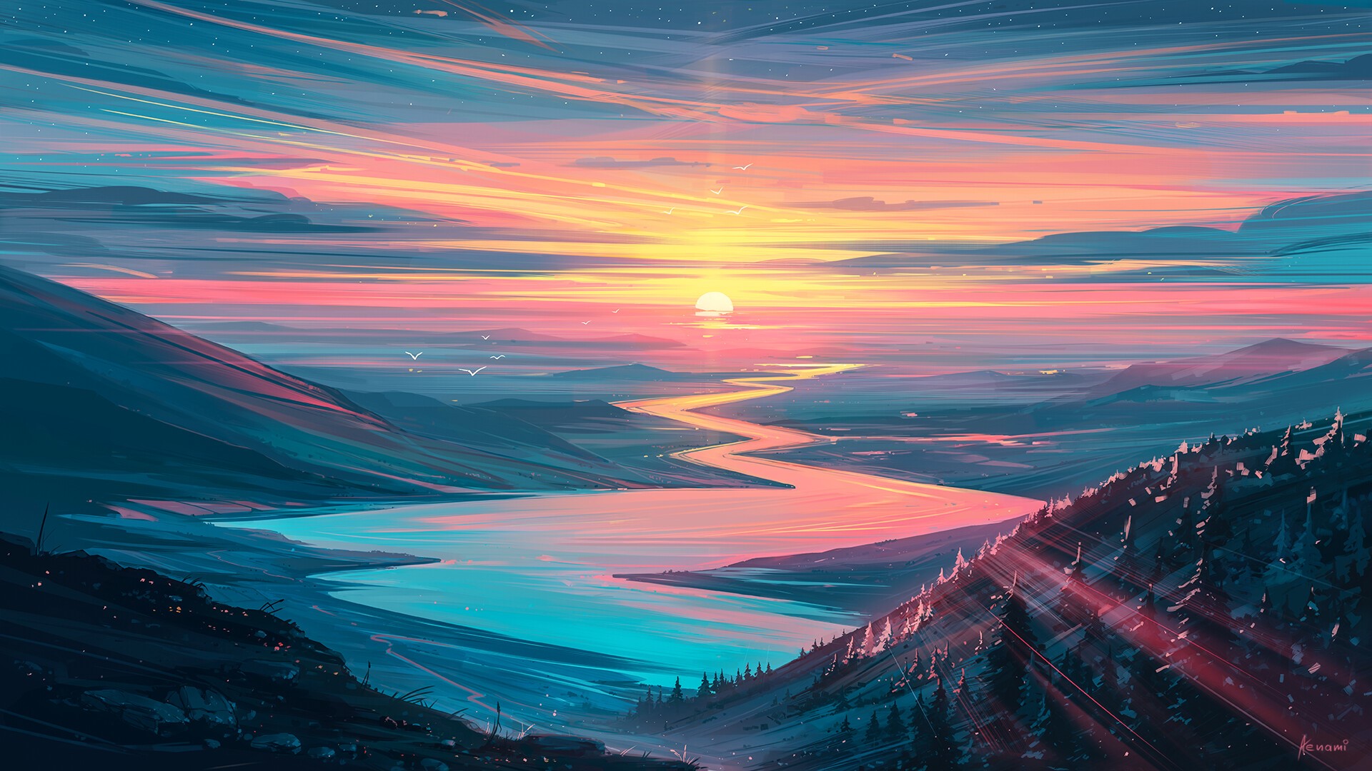 Digital artwork of a sunset over mountains and a river HD Wallpaper