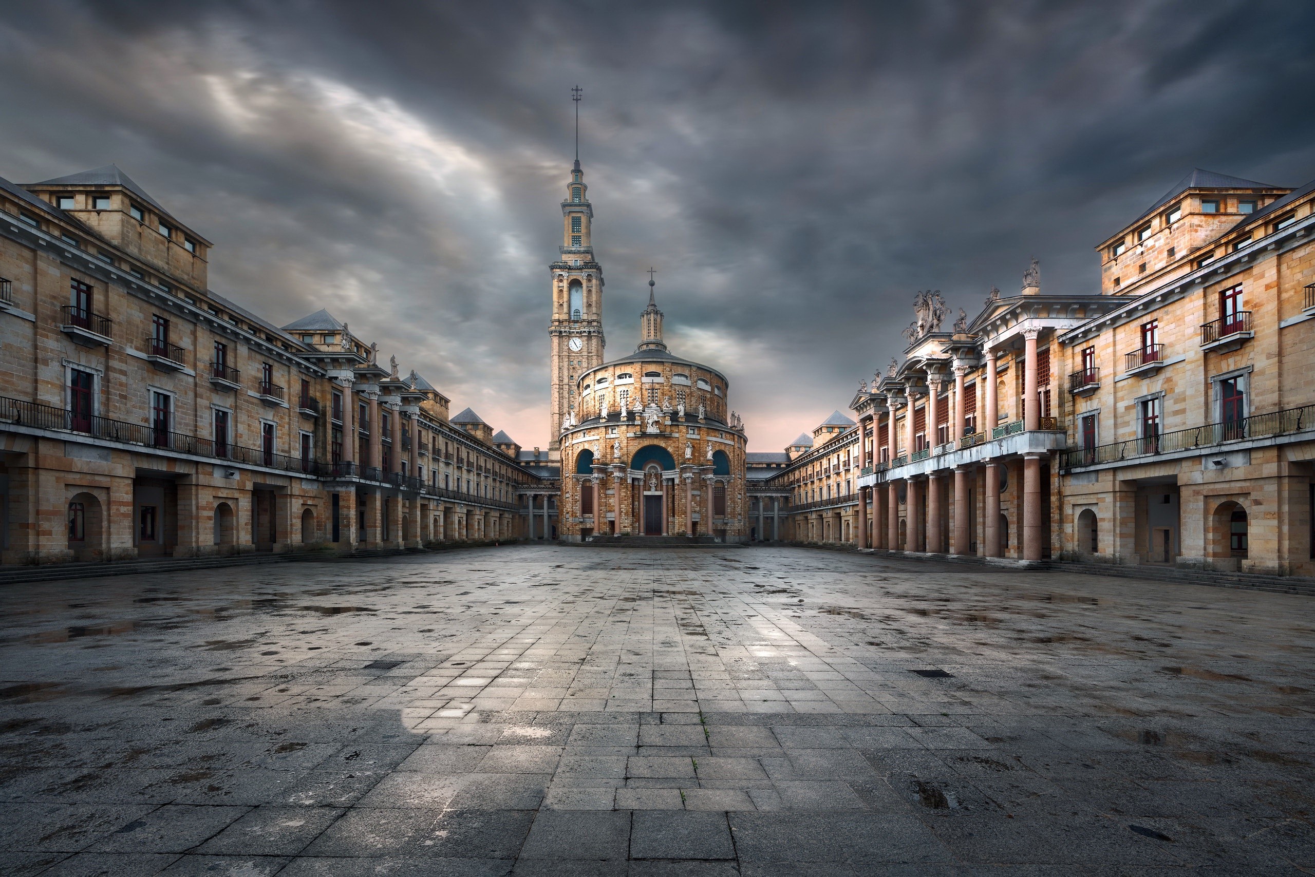 Plaza Mayor and Church in Gijón, Spain HD Wallpaper