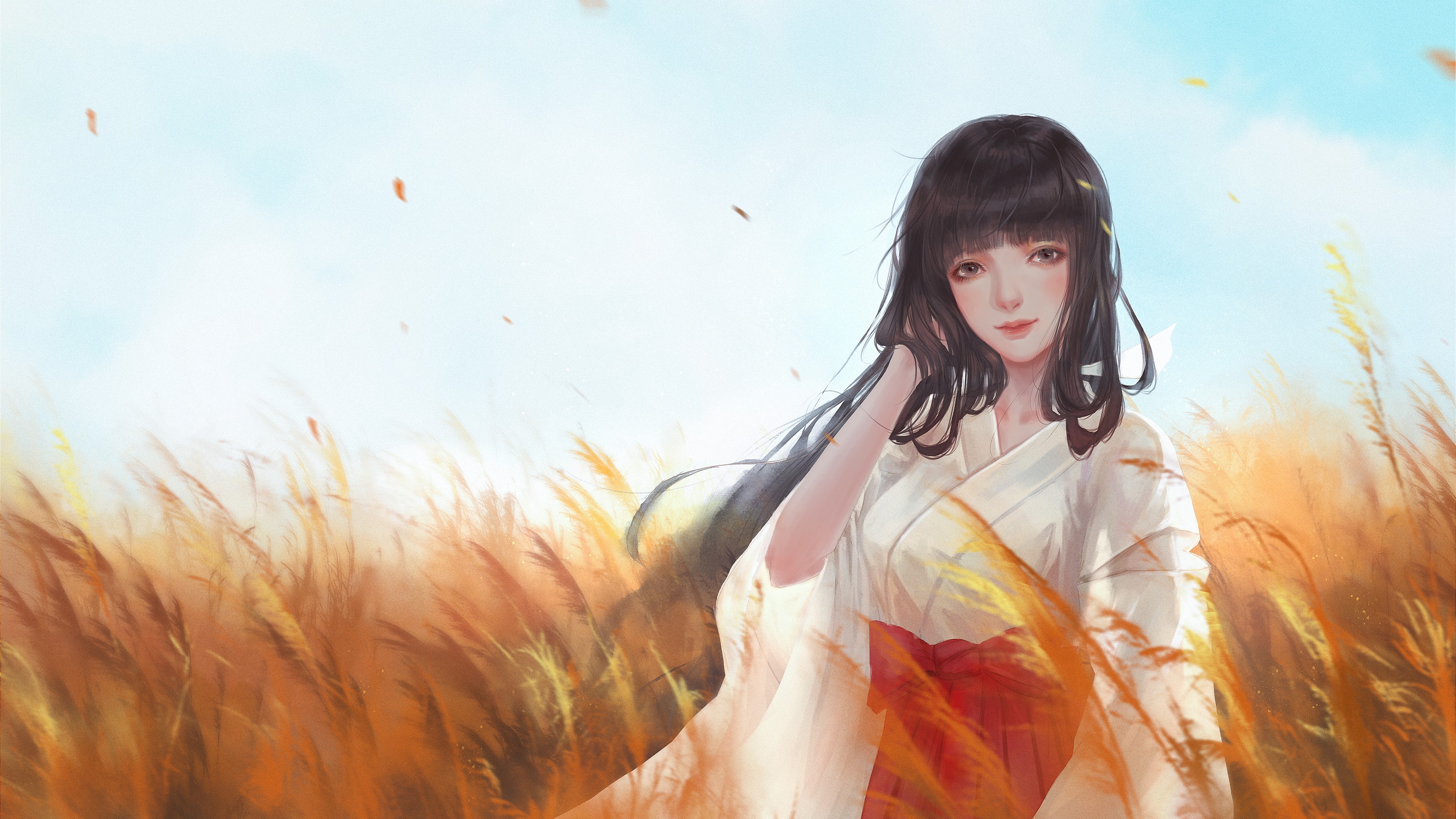 Anime girl with long hair in a field HD Wallpaper