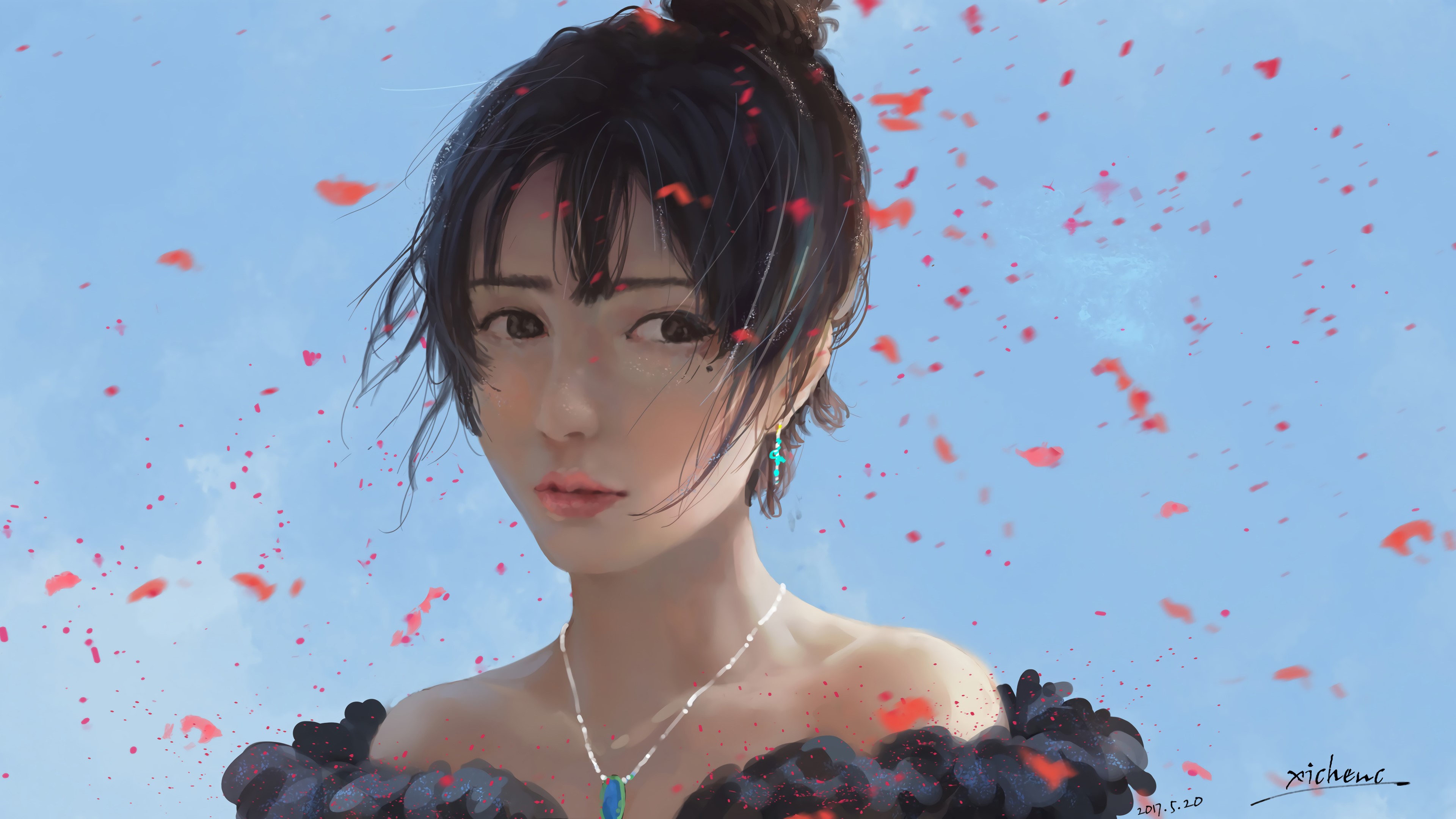 Anime girl with petals and necklace HD Wallpaper