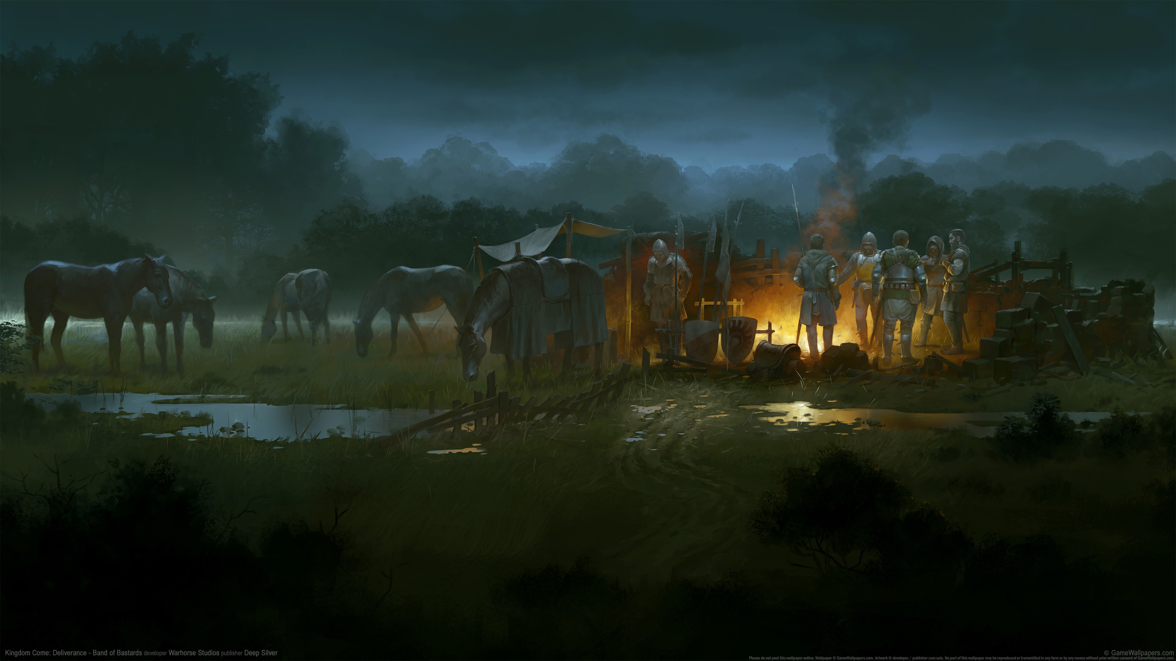 4K Medieval Campfire with Knights and Horses HD Wallpaper