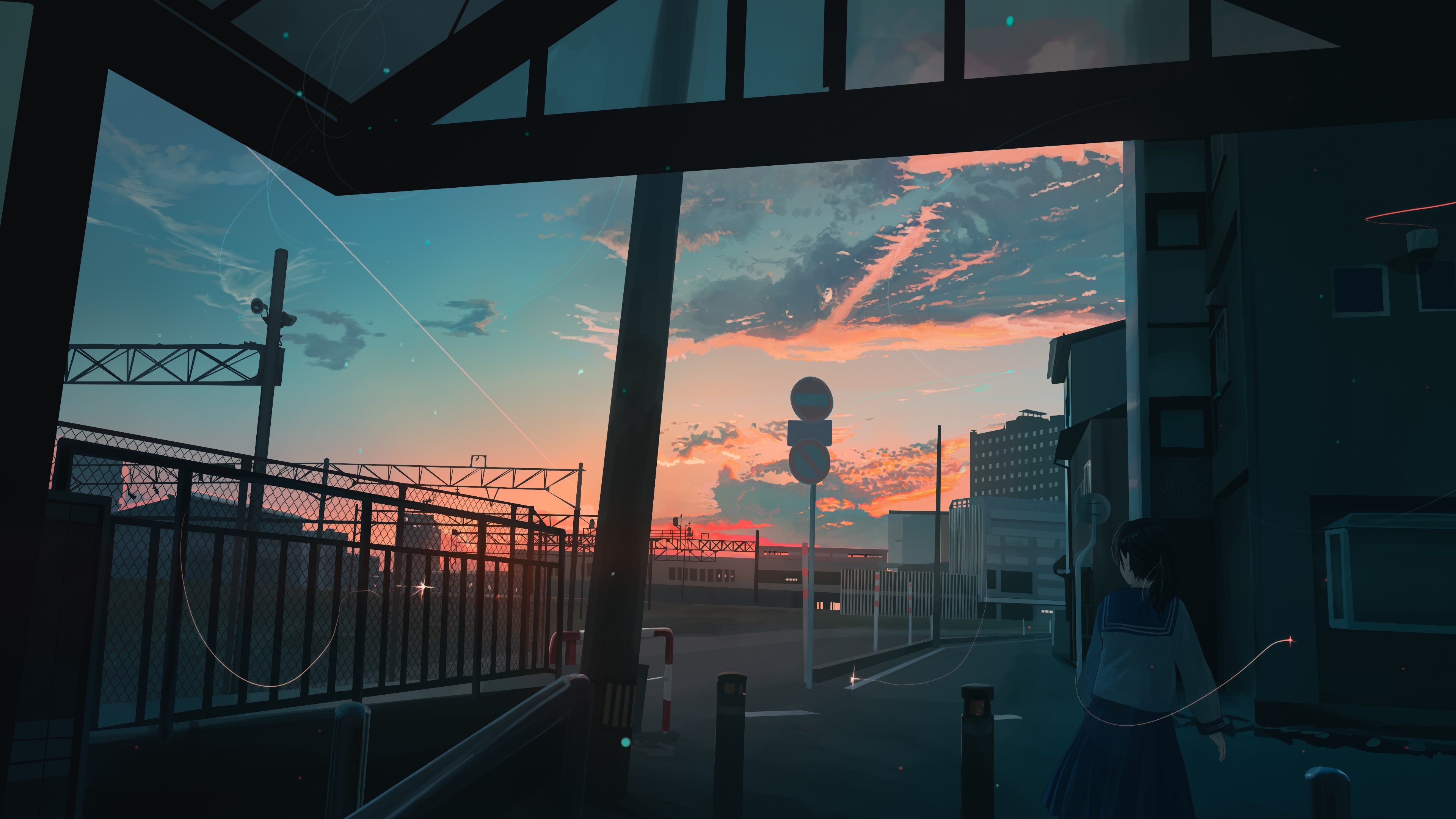 Anime girl at sunset in urban setting HD Wallpaper
