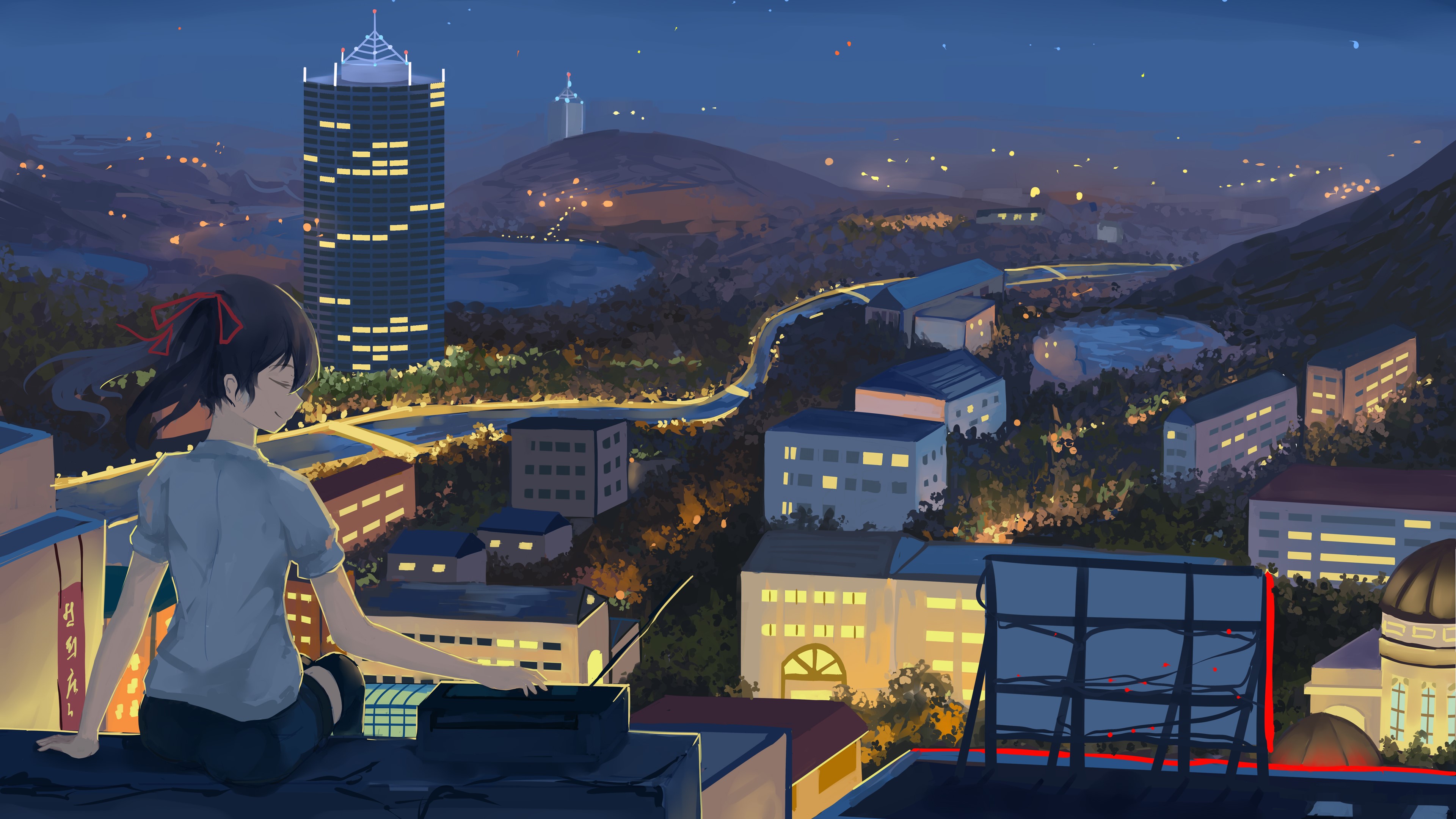 Anime girl on rooftop overlooking cityscape at night HD Wallpaper