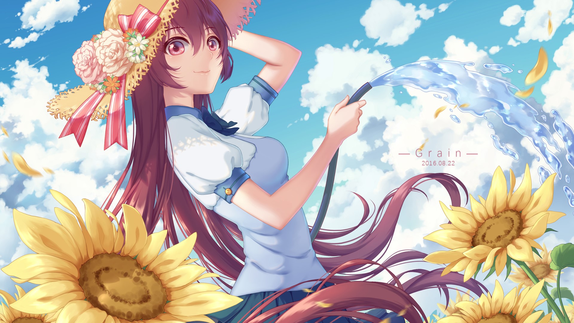 Anime girl watering sunflowers HD Wallpaper