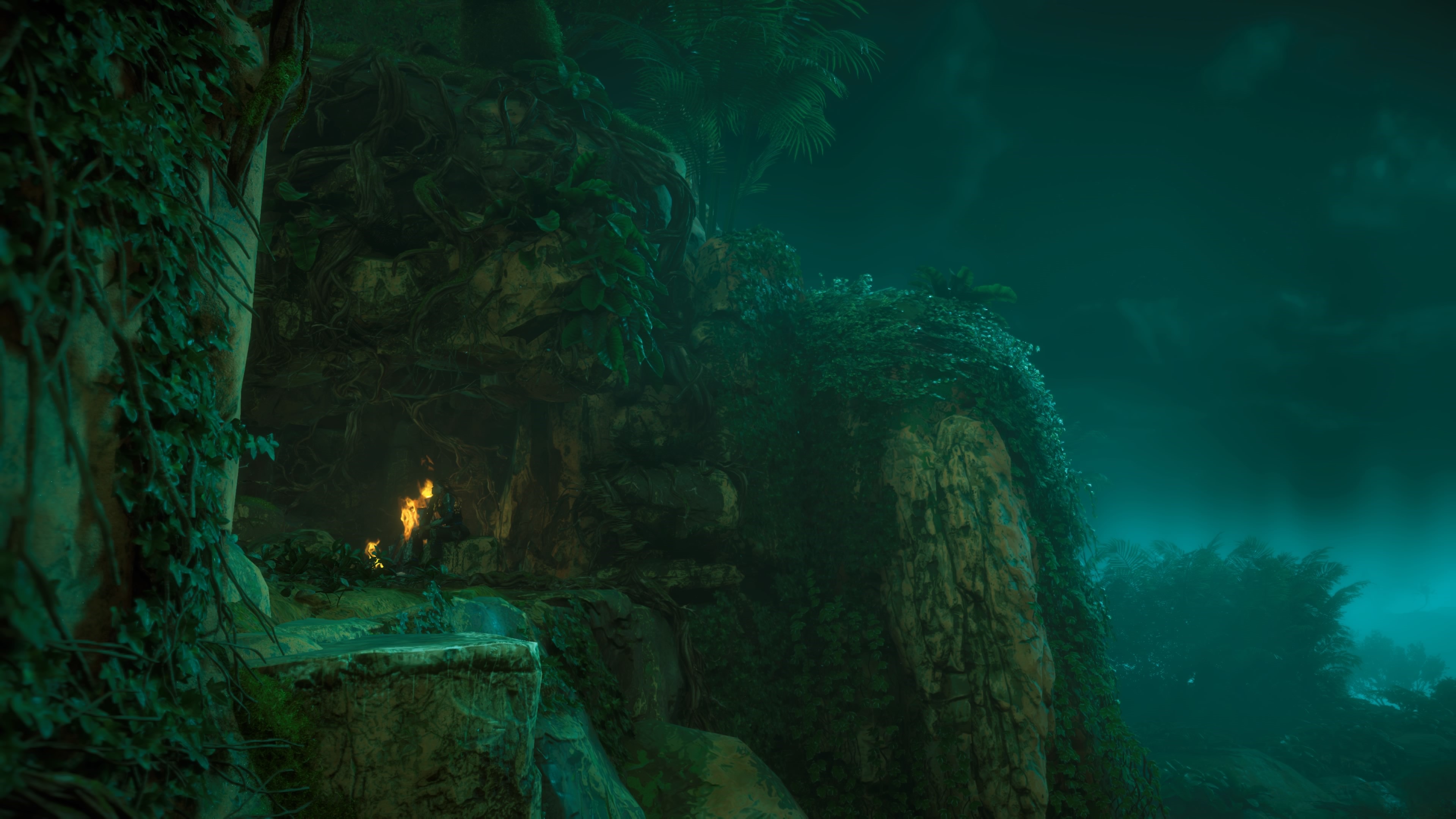 Aloy from Horizon Zero Dawn in a cave with fire HD Wallpaper