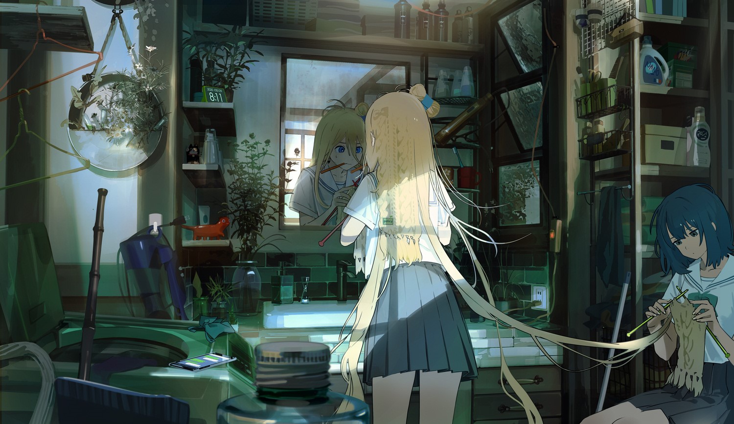 Anime girls in a bathroom, one brushing teeth, one knitting HD Wallpaper