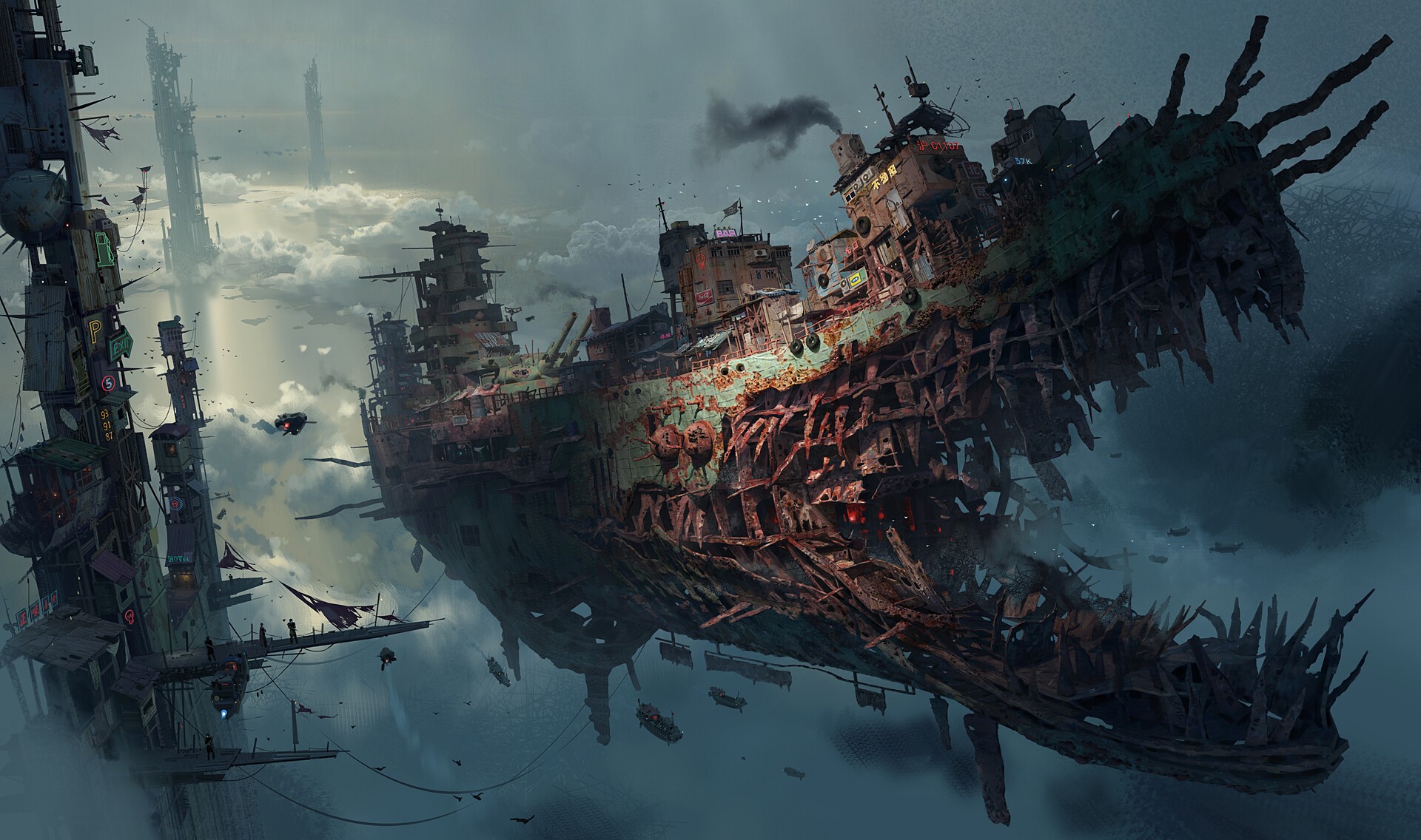 Ruined Battleship City in the Clouds HD Wallpaper