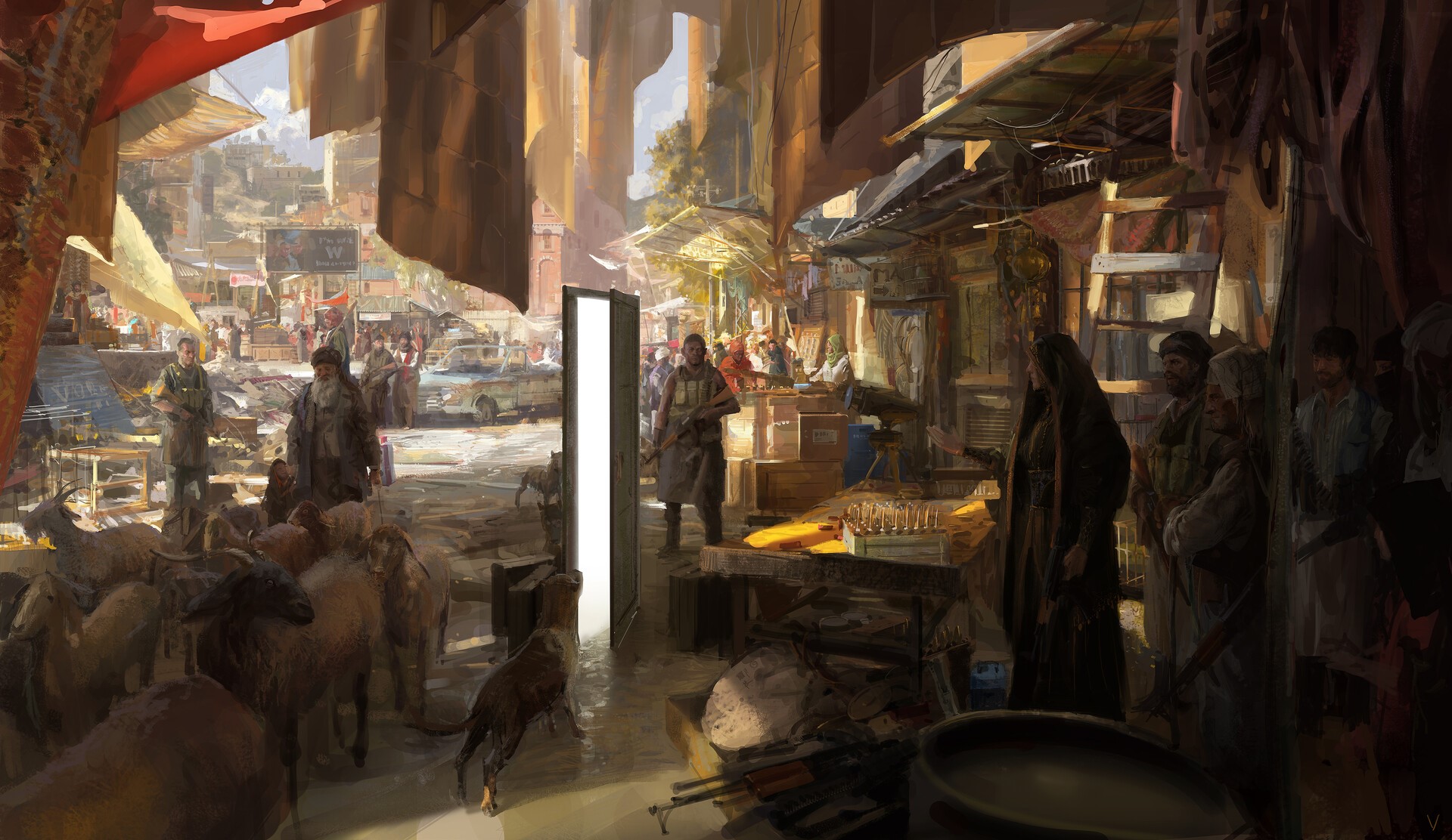 Marketplace with people, goats, and a glowing doorway HD Wallpaper