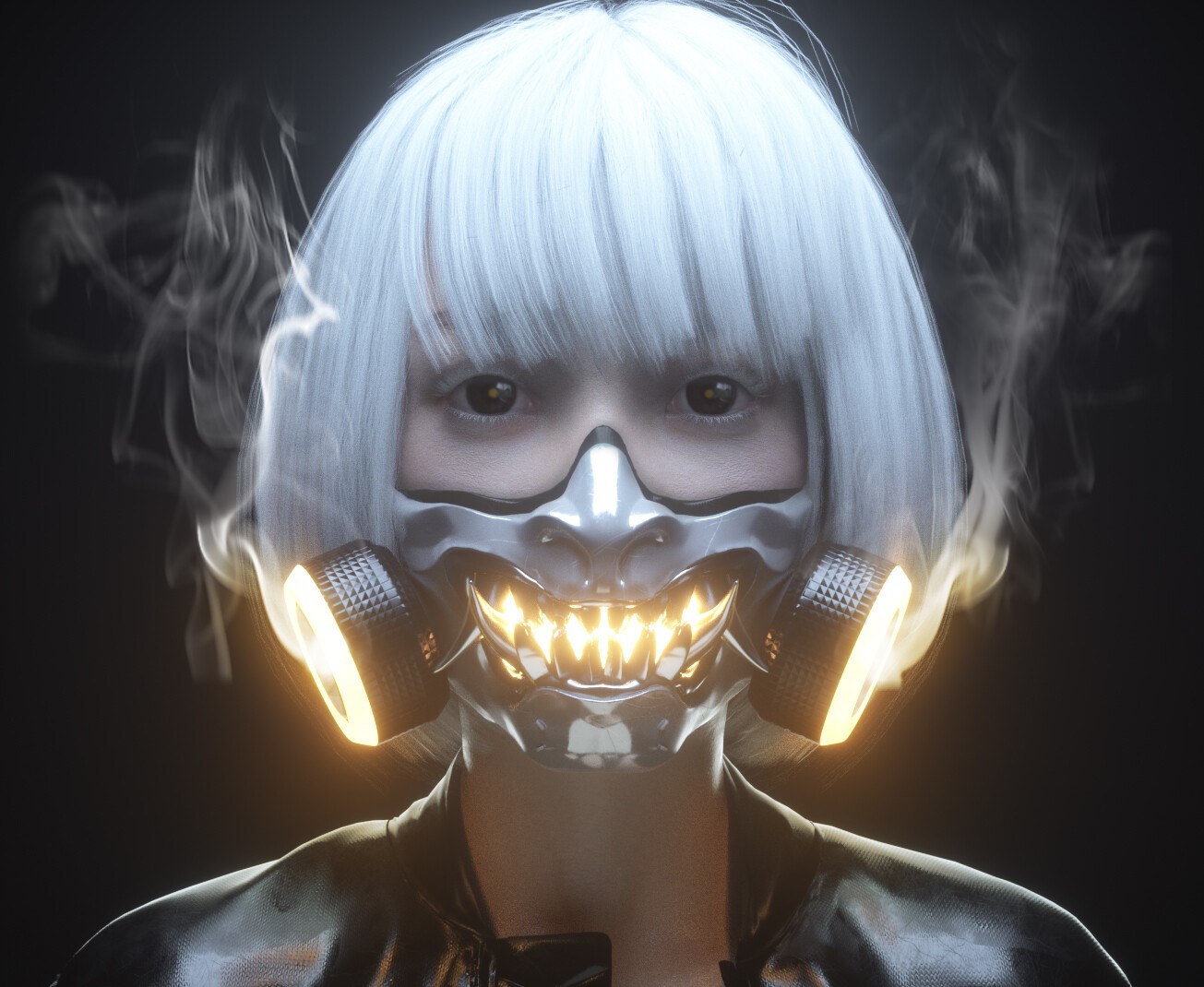 Cyberpunk character with glowing fangs and mask HD Wallpaper