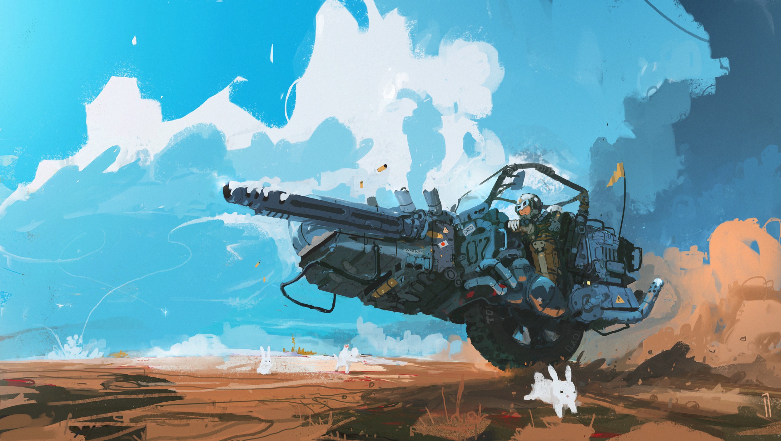 Futuristic armed vehicle with a pilot and rabbits HD Wallpaper