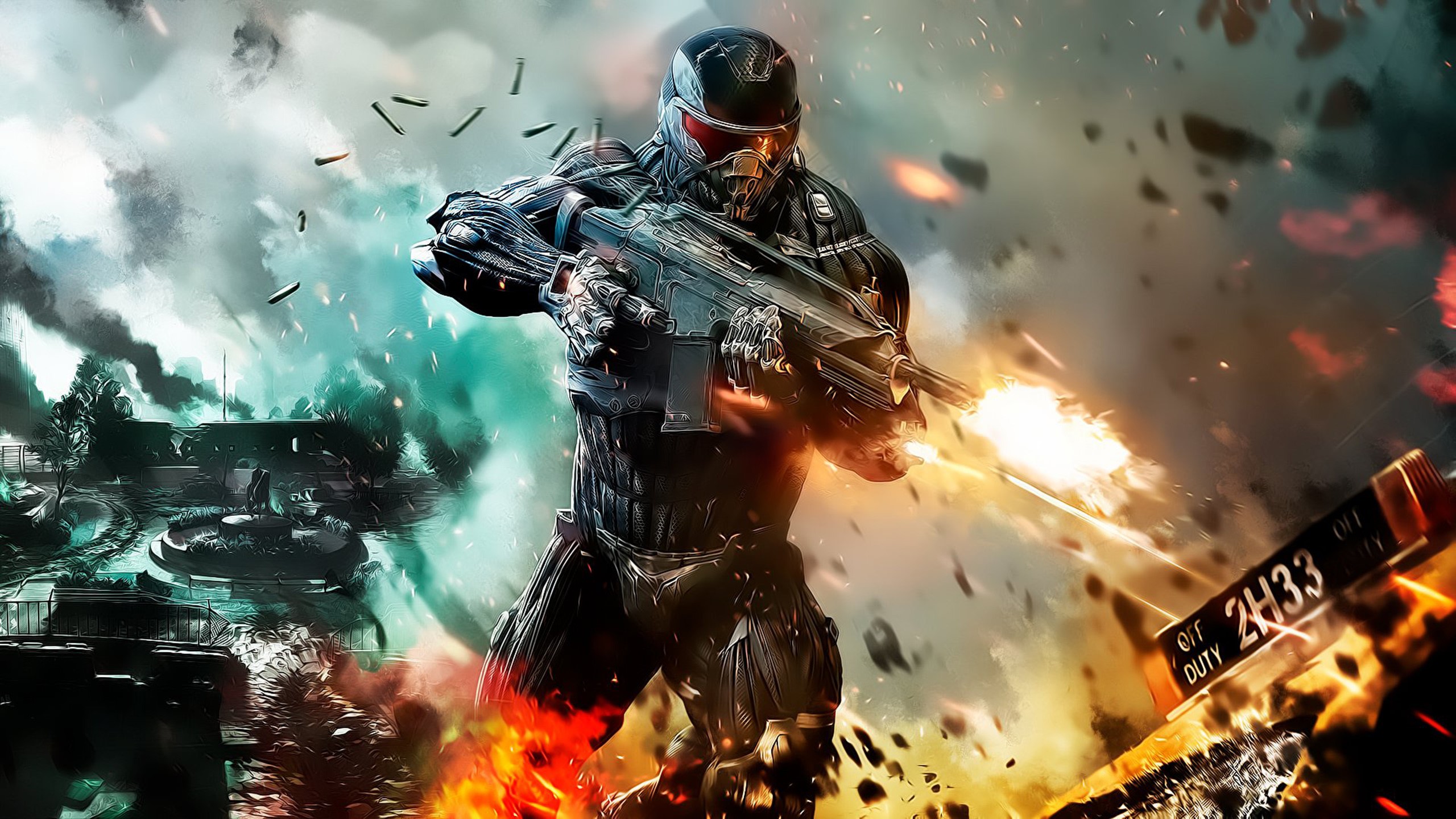 Soldier in Nanosuit firing assault rifle in Crysis 2 HD Wallpaper
