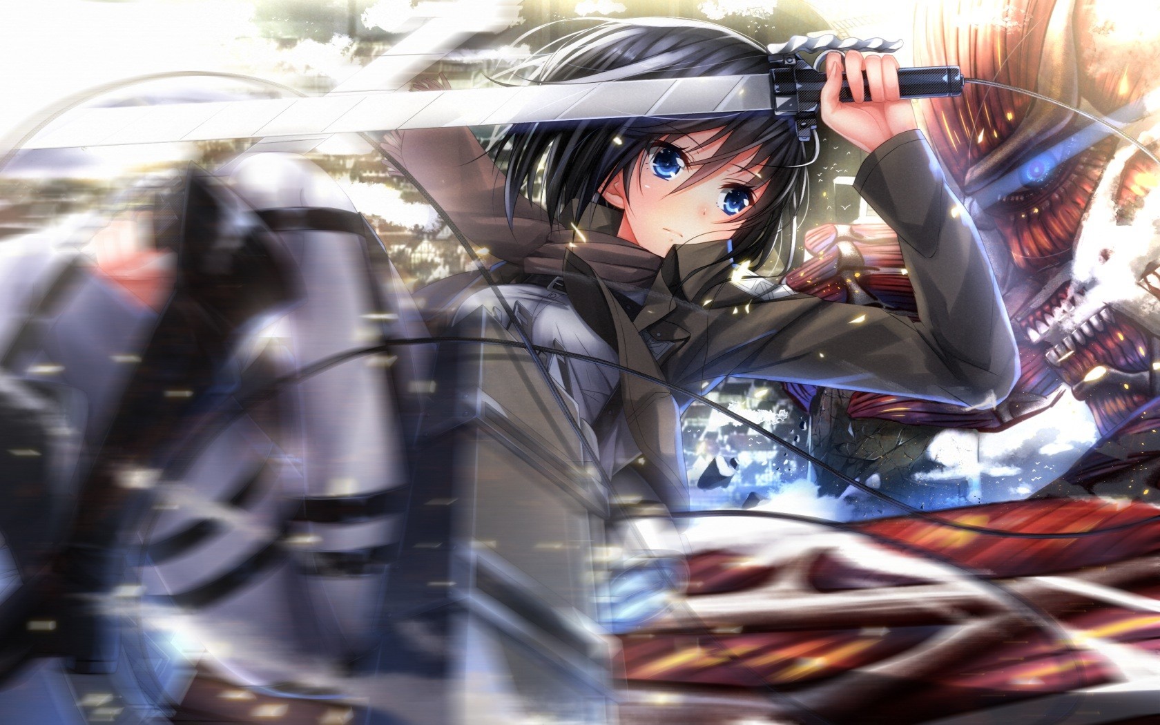 Mikasa Ackerman from Shingeki no Kyojin fighting a Titan HD Wallpaper