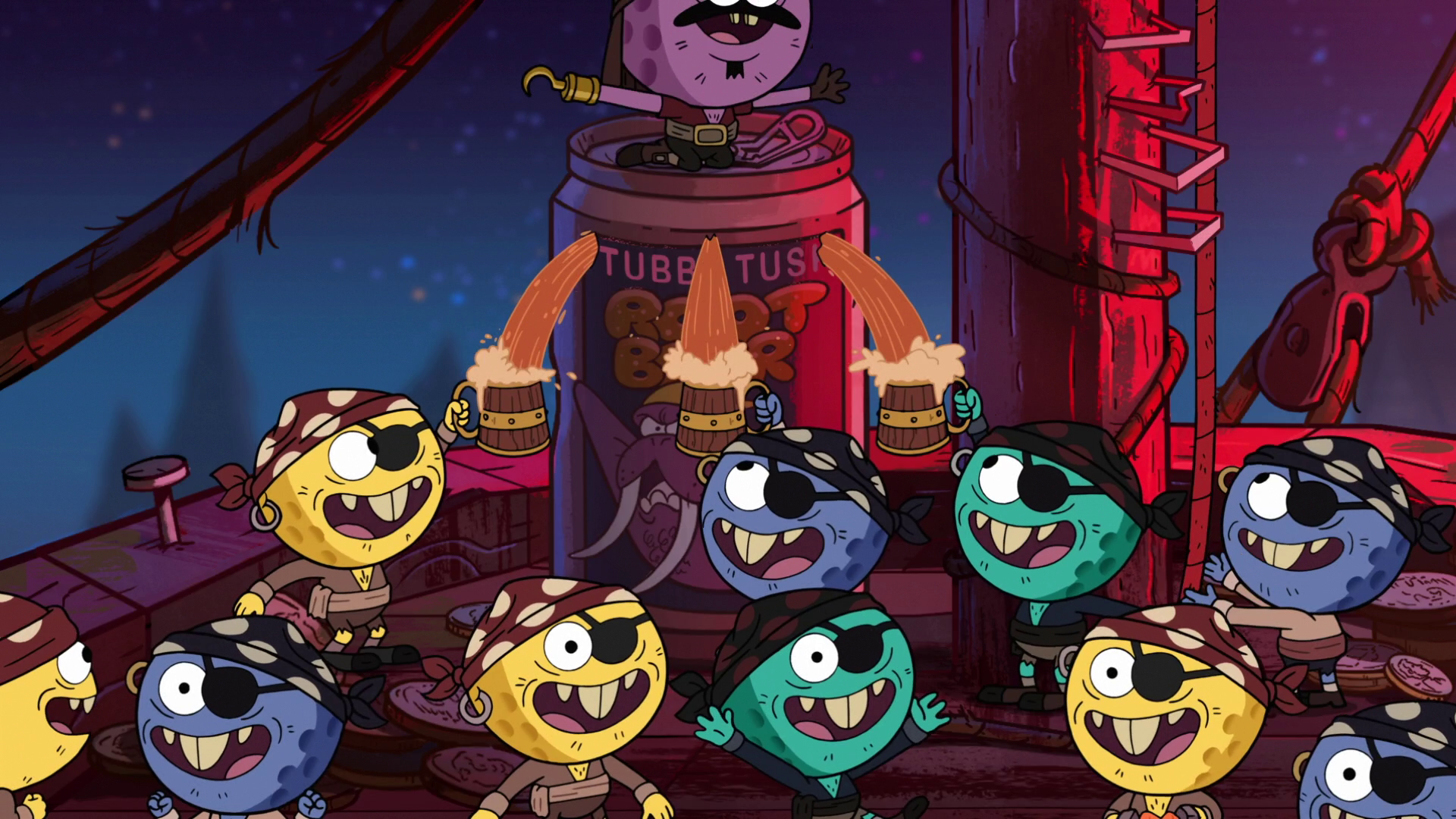 Pirate characters pouring root beer from a giant can HD Wallpaper
