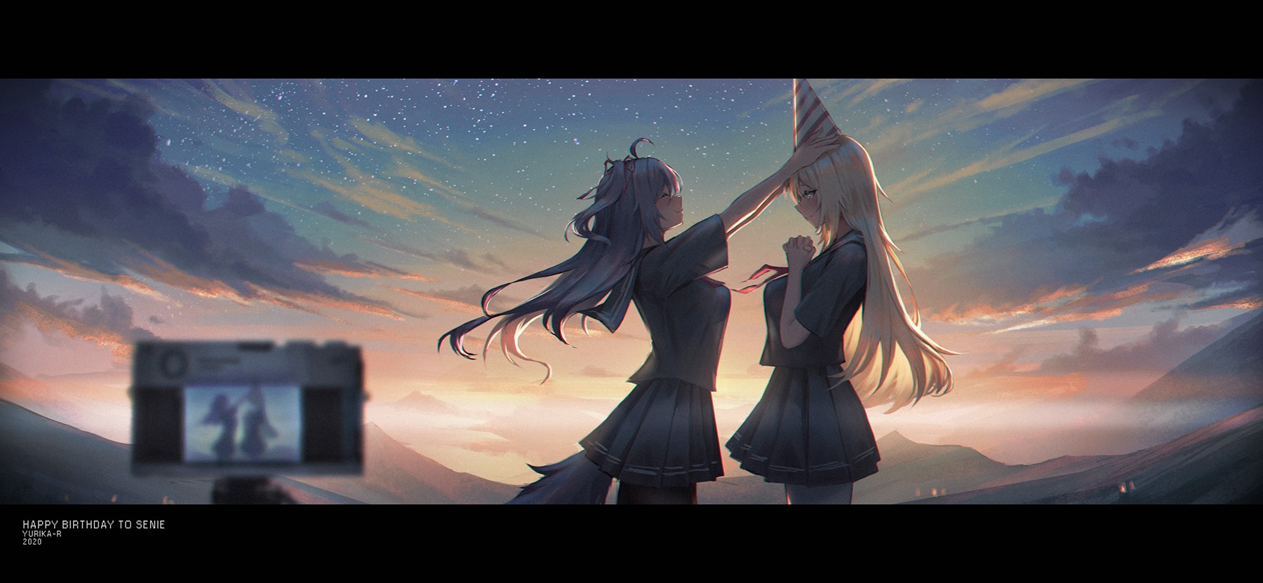 Anime girls celebrating birthday at sunset with camera HD Wallpaper