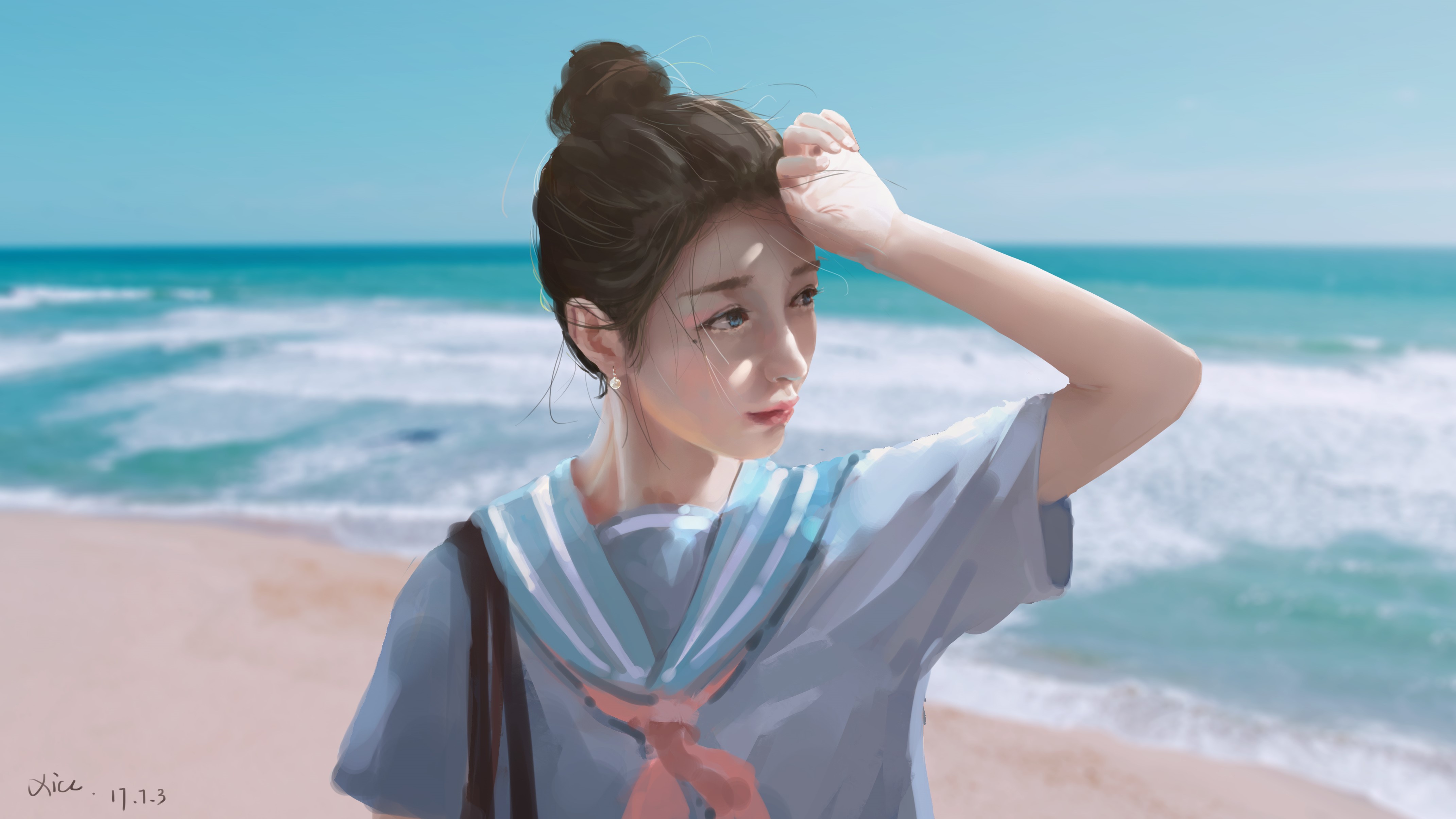 Anime girl with dark hair on a beach HD Wallpaper
